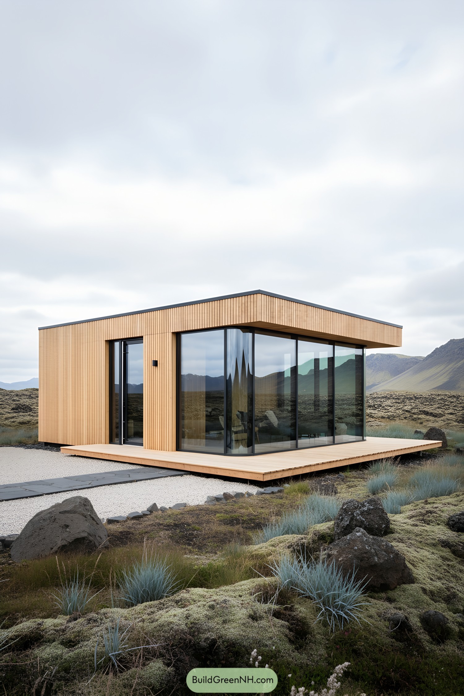 Modern cabin with glass walls in Icelandic landscape
