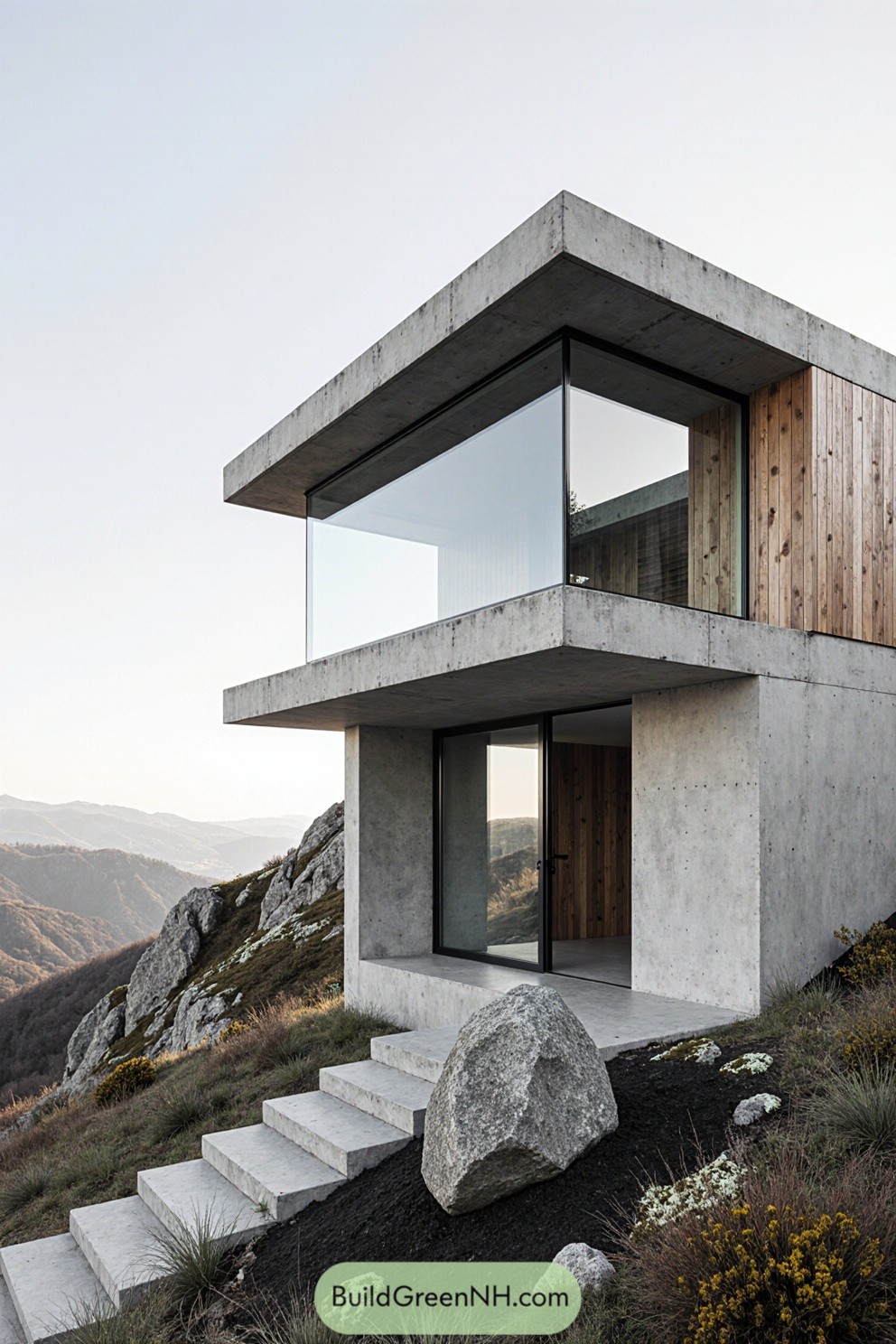 Compact modern cabin with panoramic windows perched on a rocky hillside