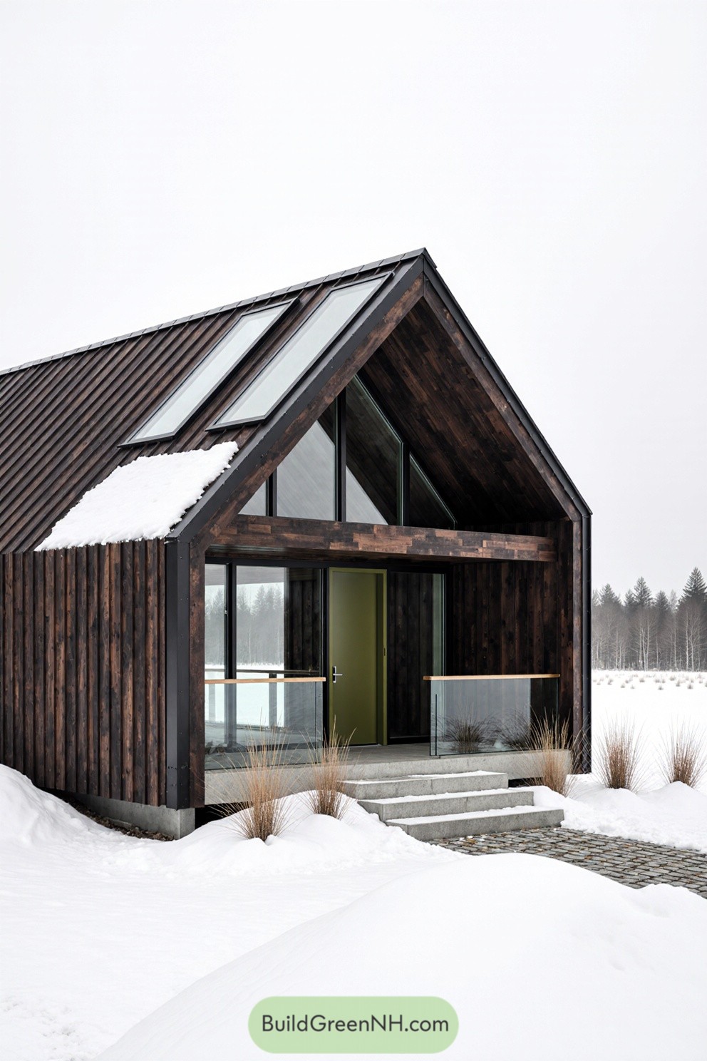Contemporary cabin with large windows in a snowy landscape