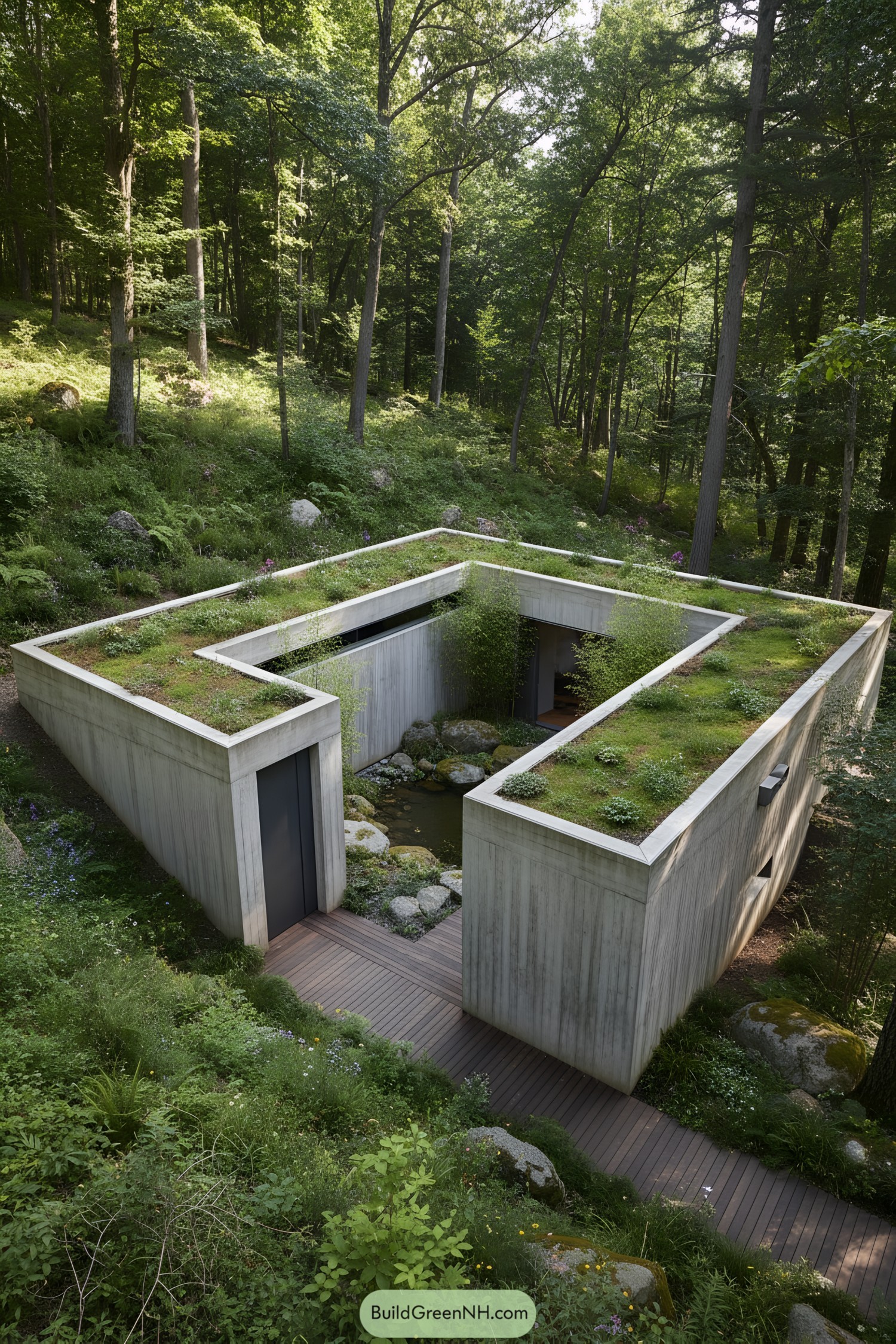 U-shaped modern house with a green roof on a forested slope