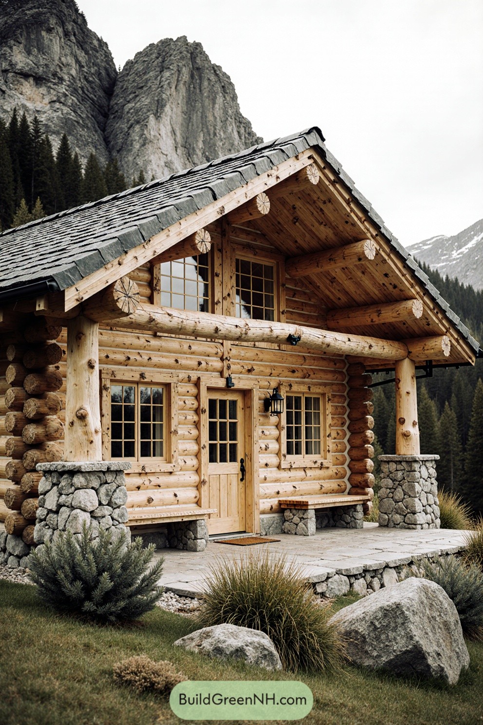 Wooden log cabin with stone accents in a mountainous setting