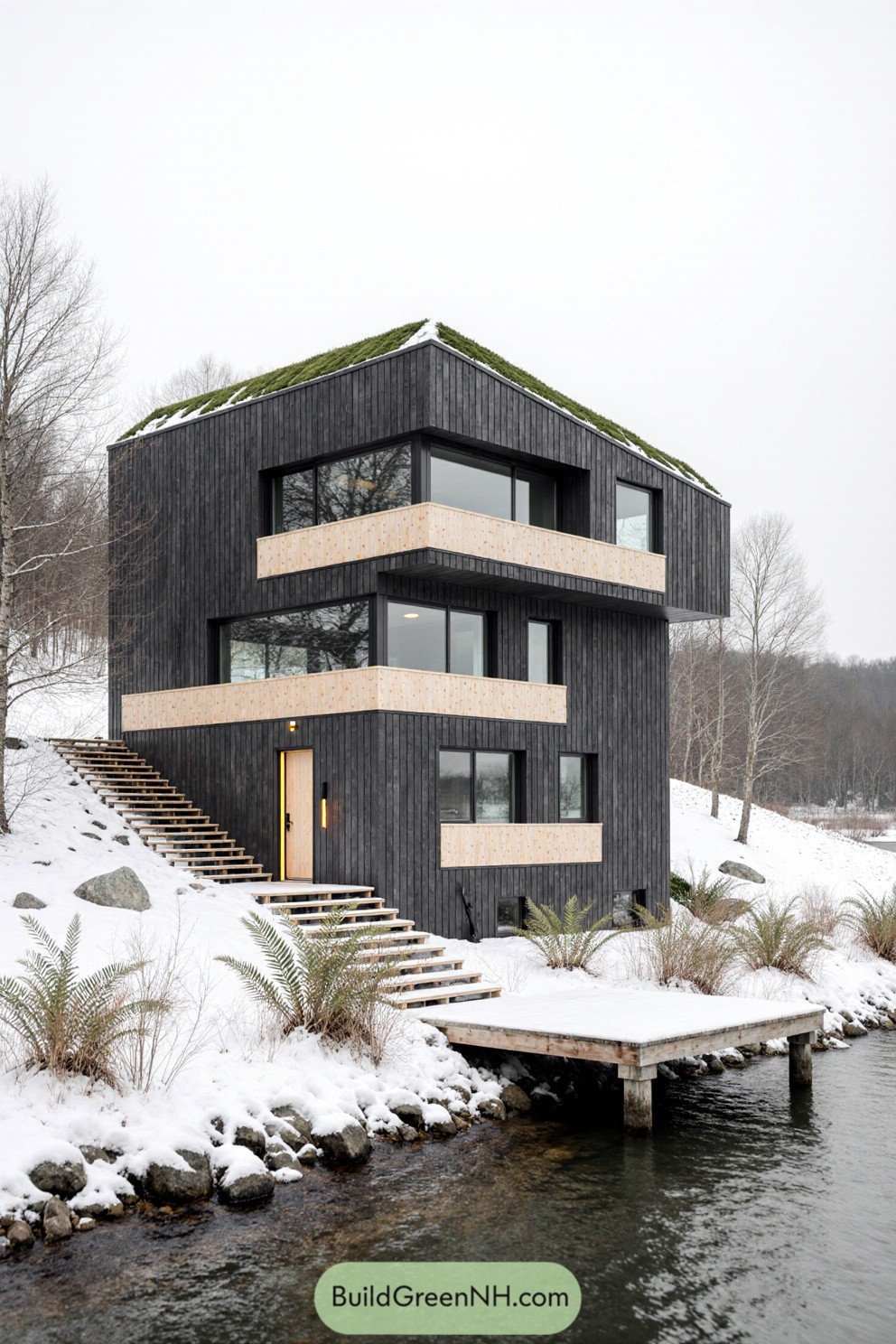 Stylish black cabin on a snowy lakeside
