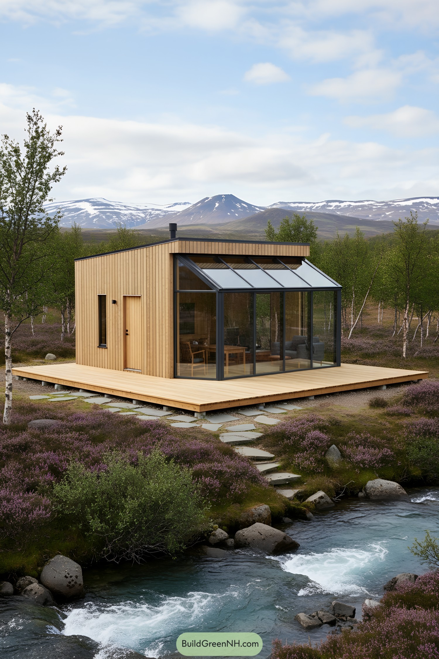 Chic wood cabin with glass walls in scenic Iceland setting