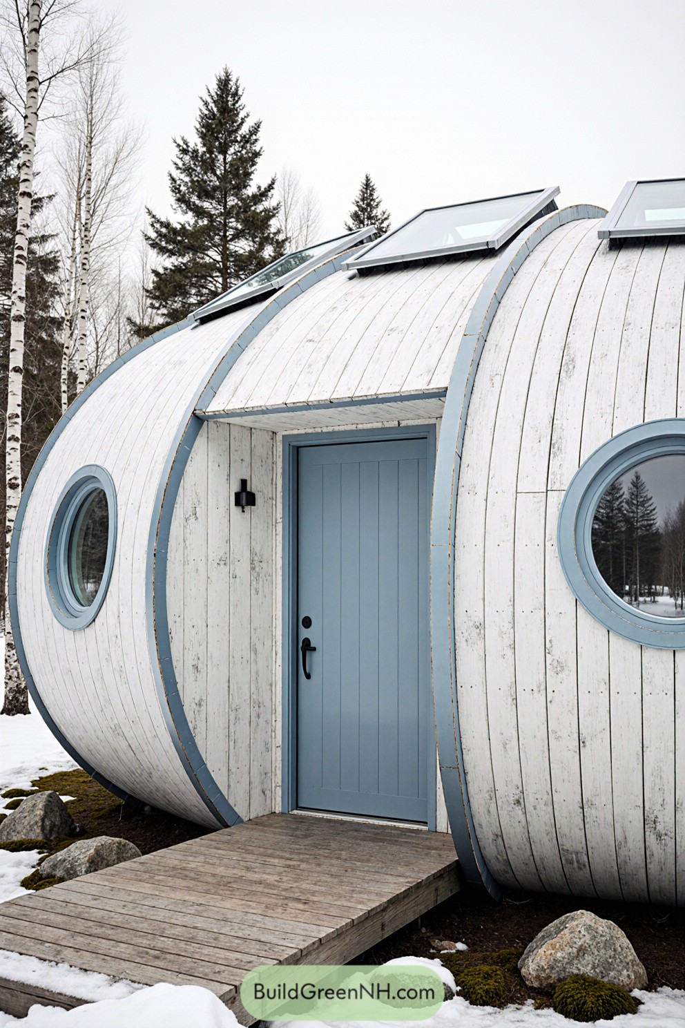 Futuristic, oval-shaped cabin with round windows and a blue door