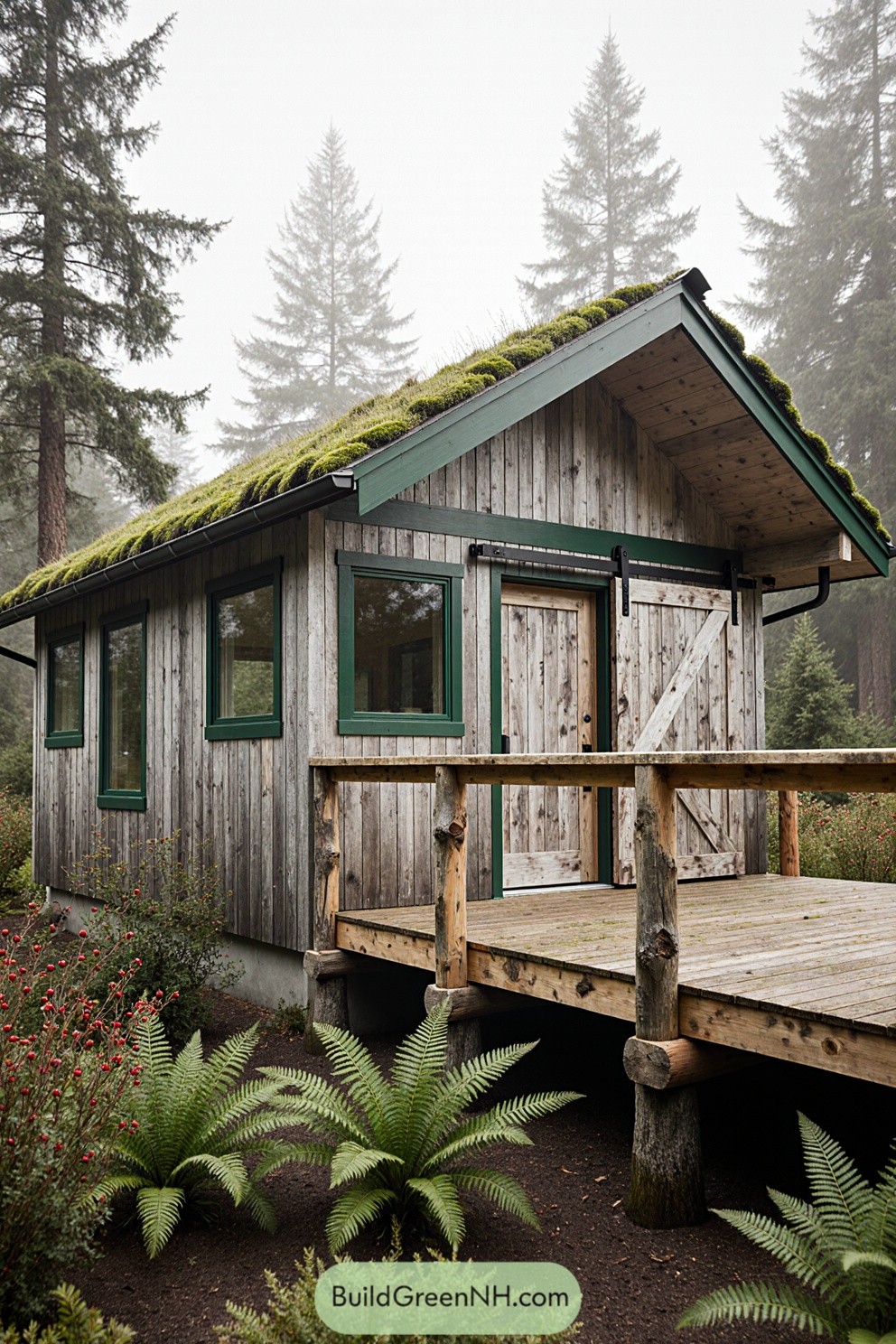Cozy cabin with a moss-covered roof in a foggy forest