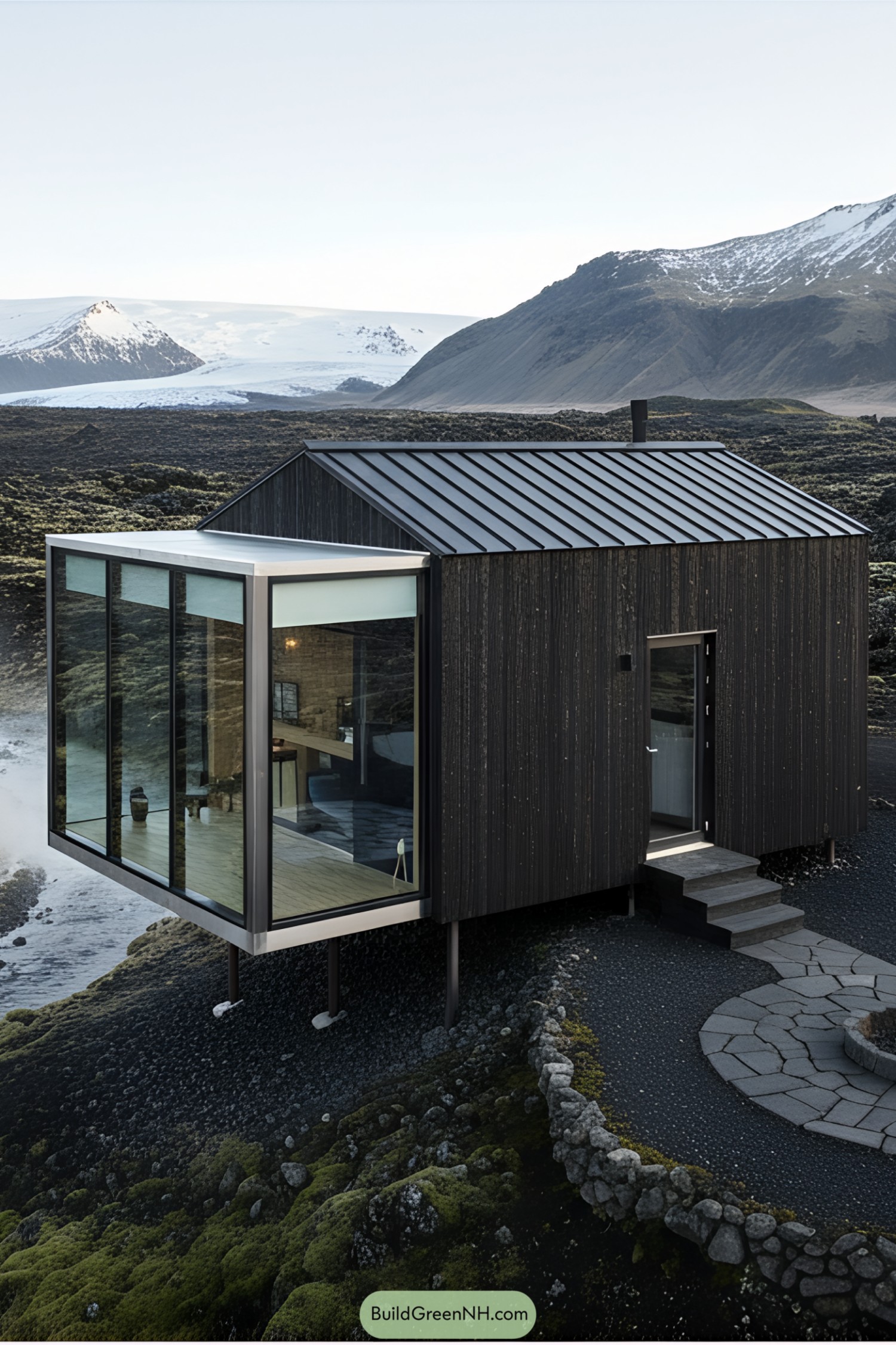 Cabin with glass extension overlooking rugged Icelandic terrain