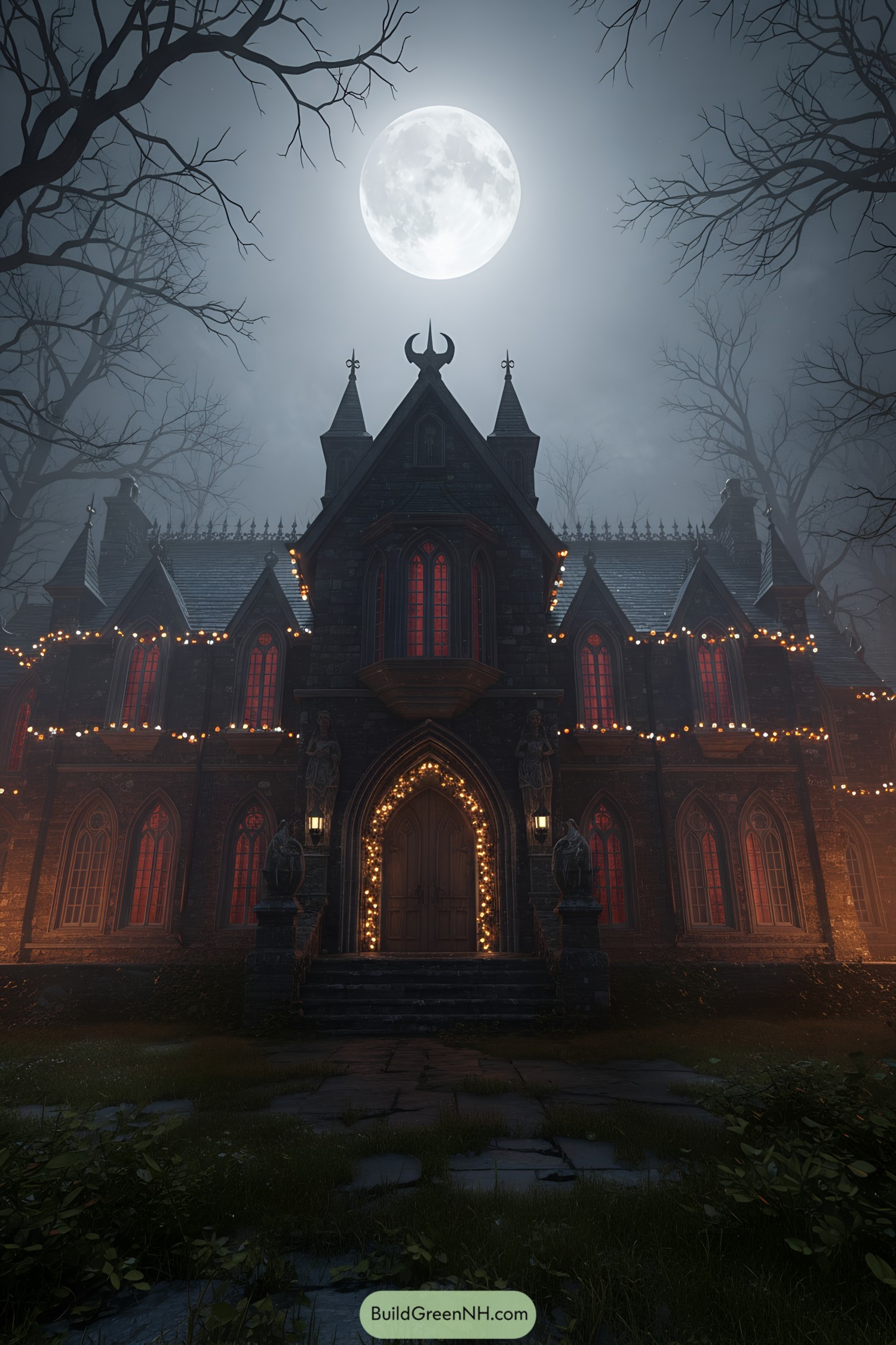 Gothic house with lights under a full moon