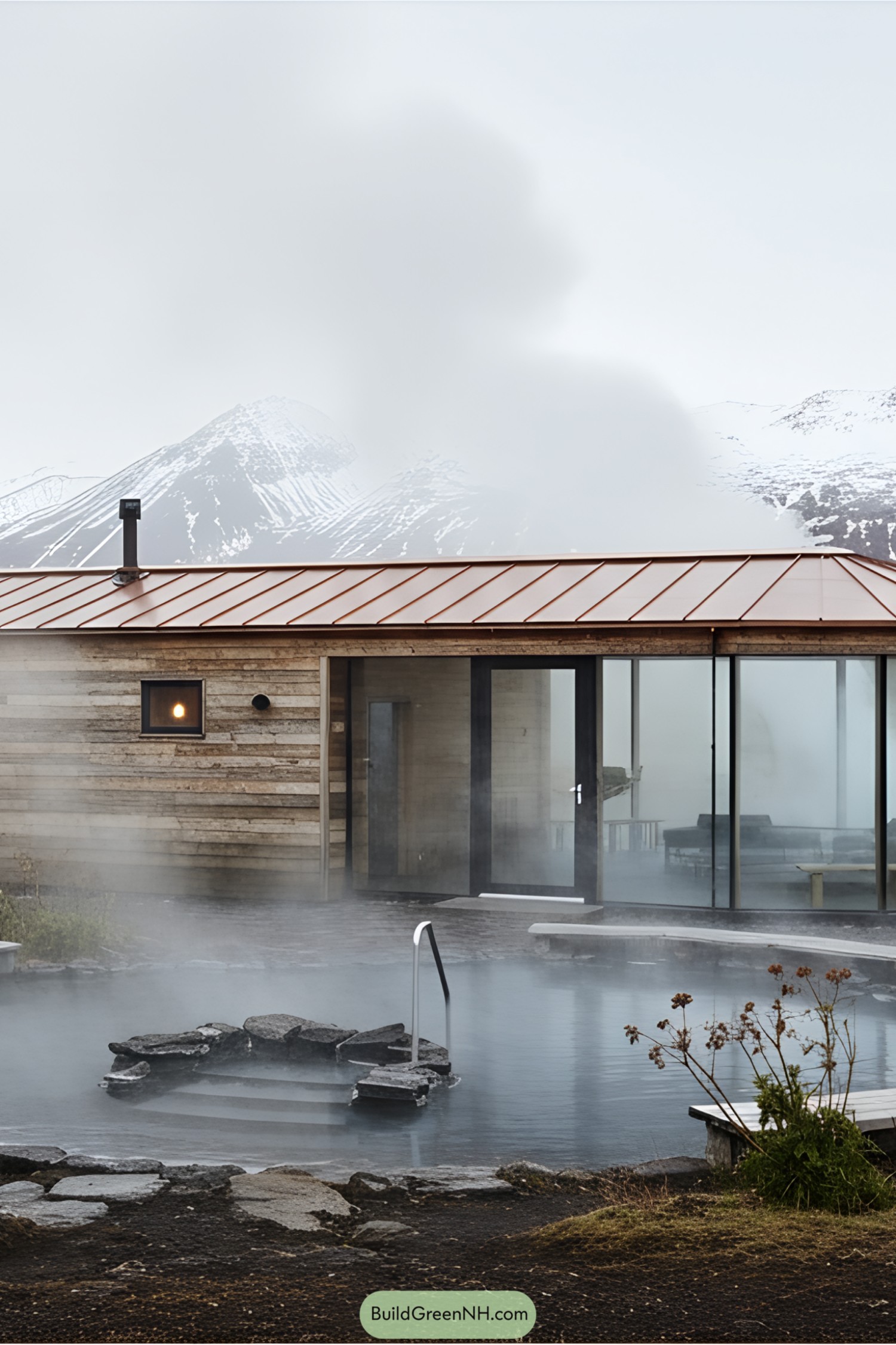 Cabin with panoramic windows next to a steaming hot spring in Iceland