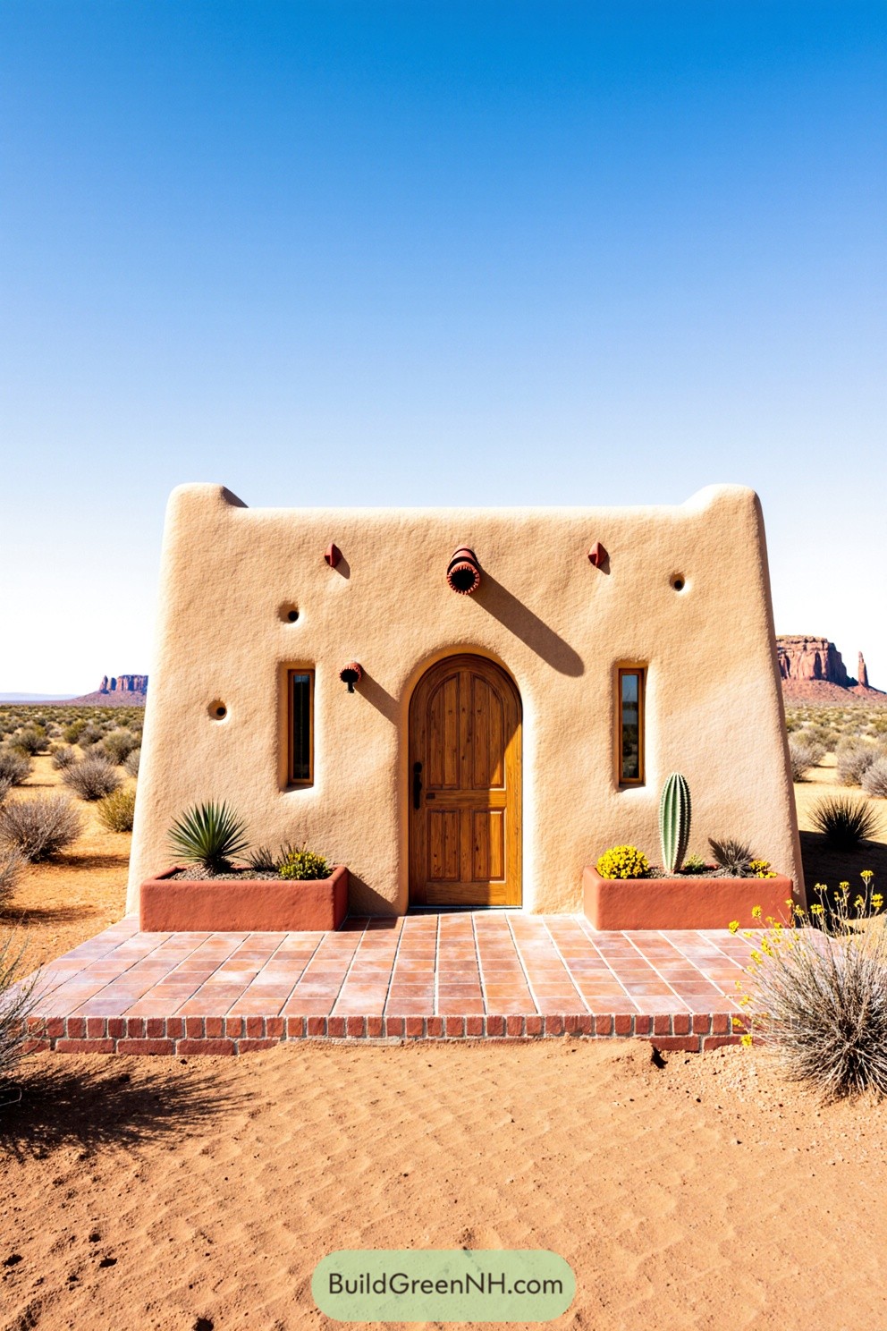 Small desert house with stucco walls and a wooden door