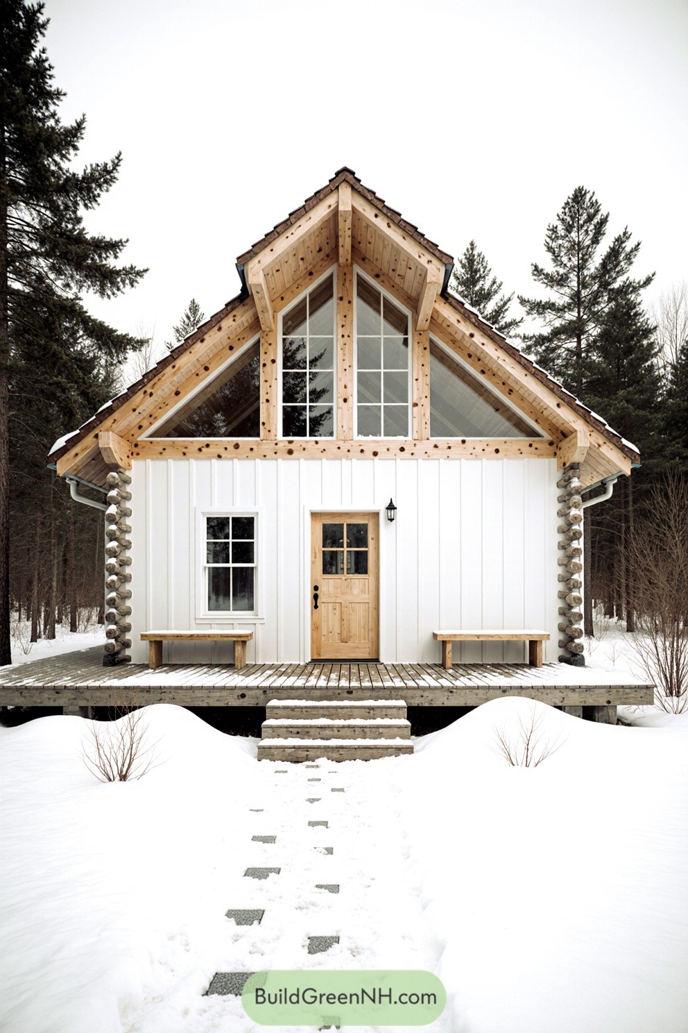 Cozy cabin with snow-covered roof and a wooden porch