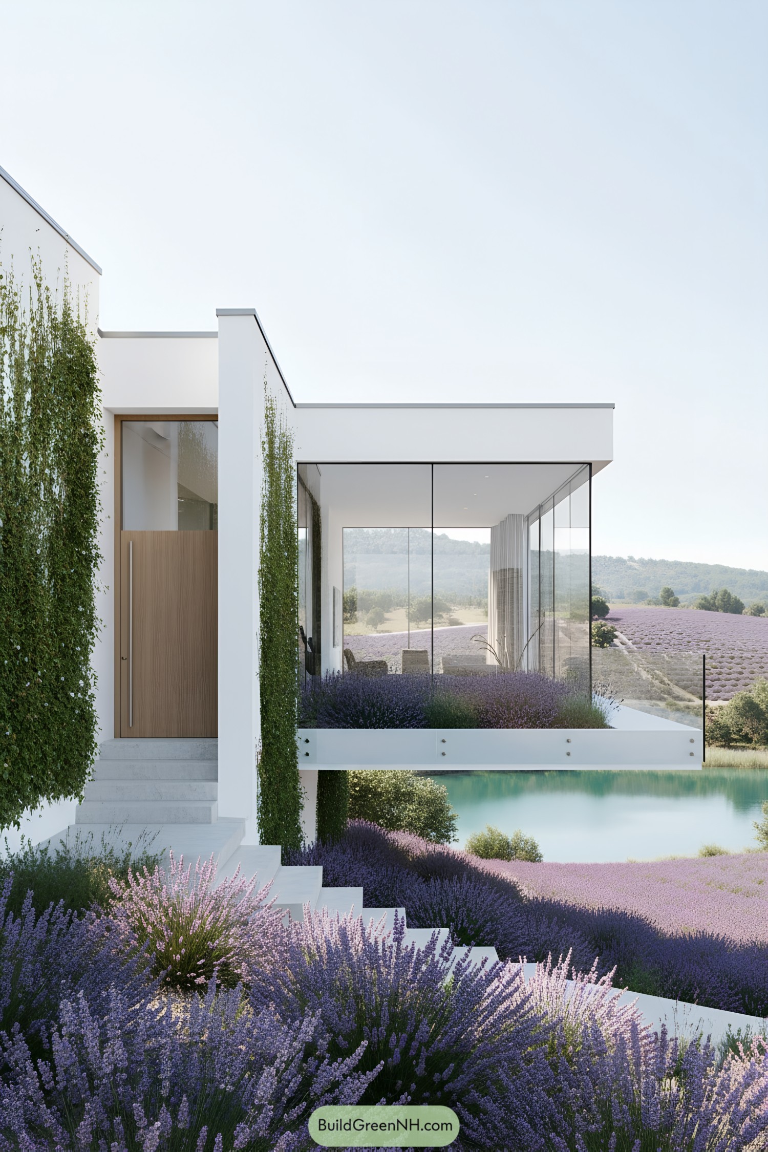 Modern U-shaped house on a hillside with glass walls and lavender garden
