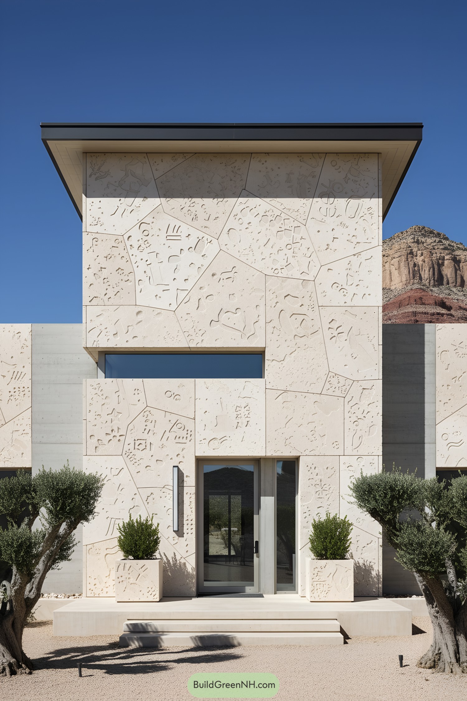 Contemporary stone facade with intricate carvings