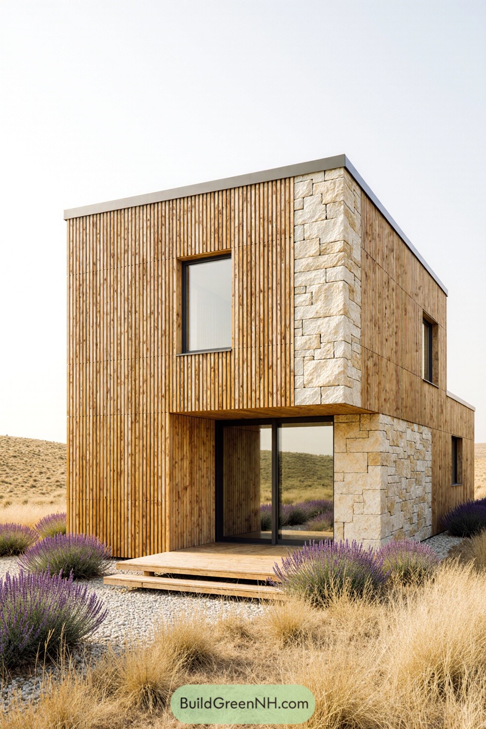 Modern house with wooden slats and stone exterior