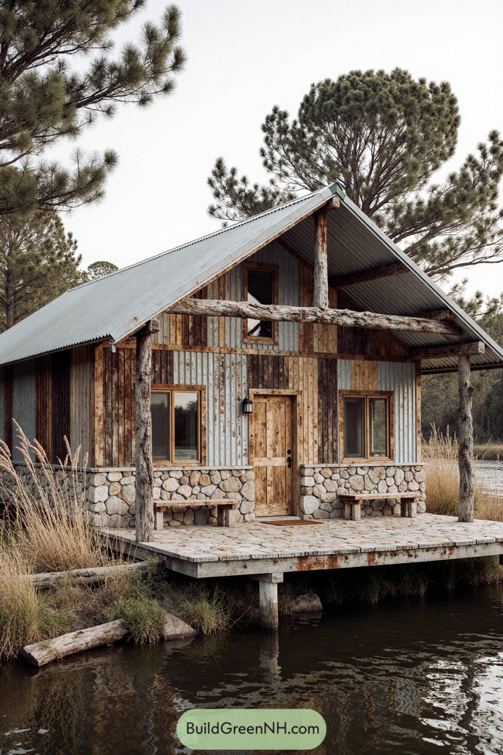 Wooden cabin with tin roof by a creek