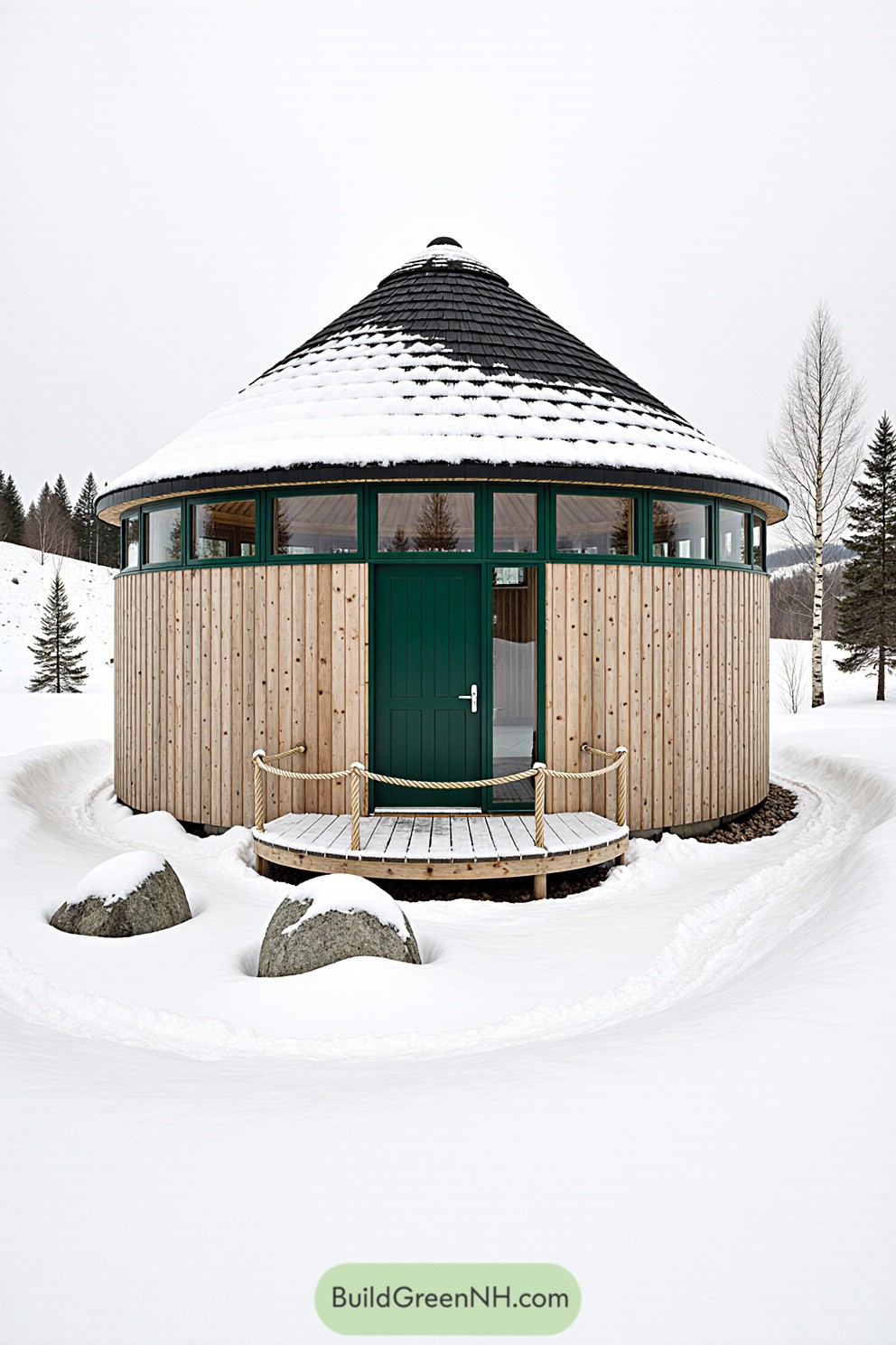 Round cabin surrounded by deep snow with unique roof