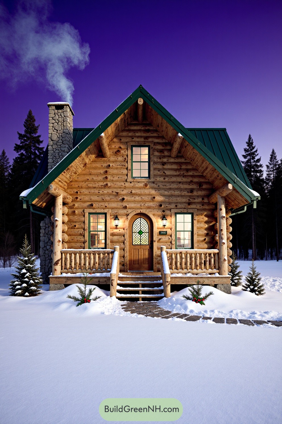 Rustic log cabin with snow-covered roof and chimney