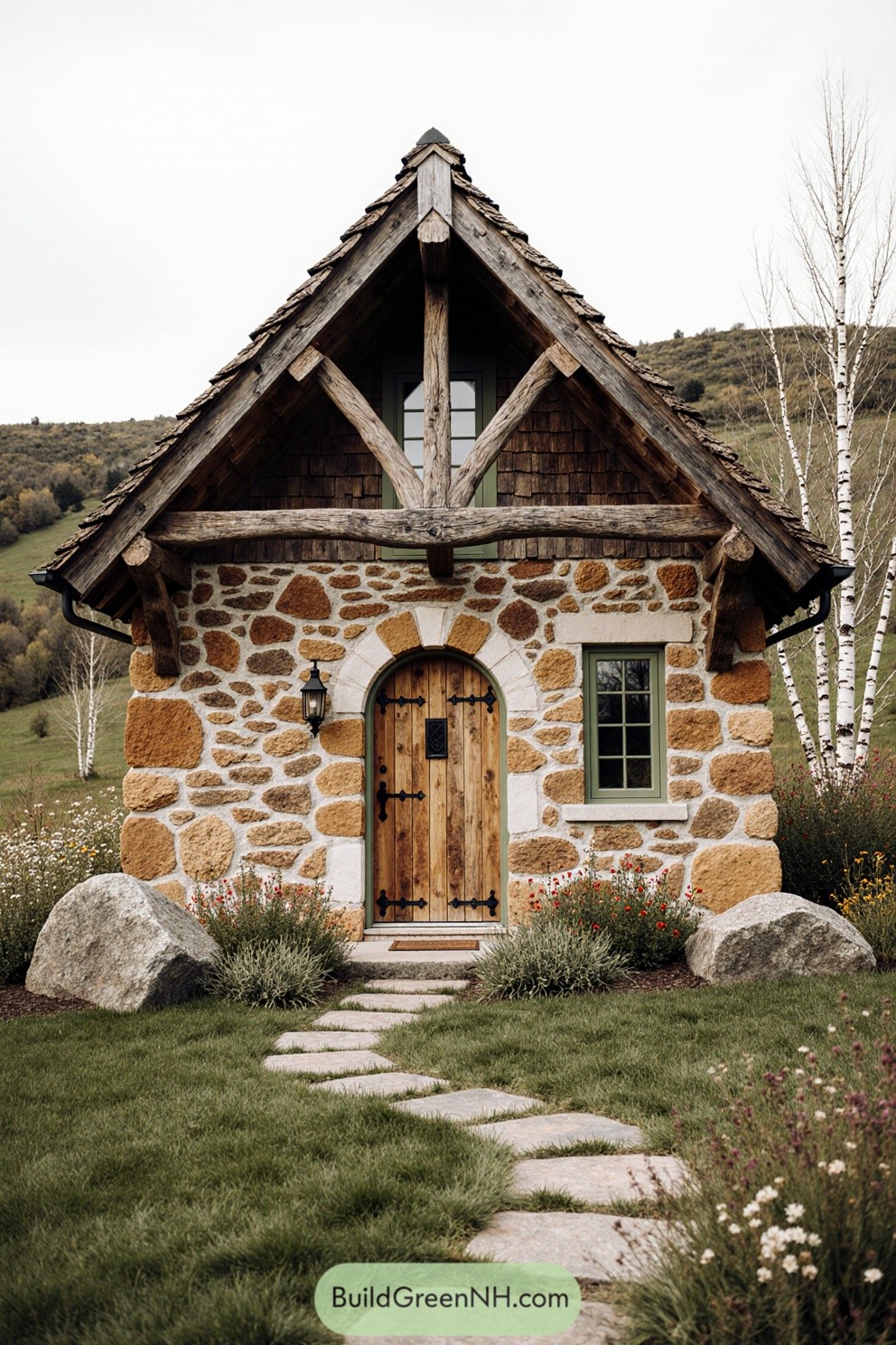 Idyllic stone cabin with wooden door and lush path