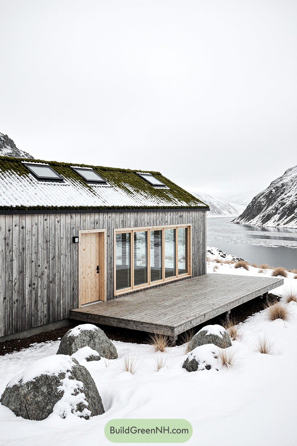 Cozy wooden cabin near a frozen lake with skylights