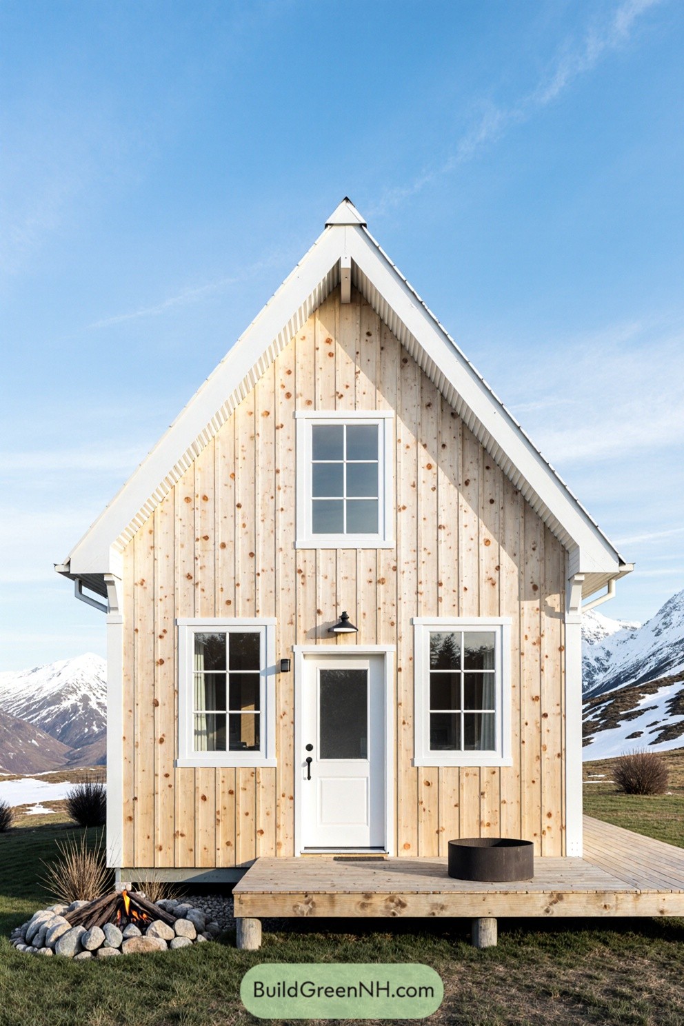 Small wooden cabin with a white door and windows in a mountainous setting