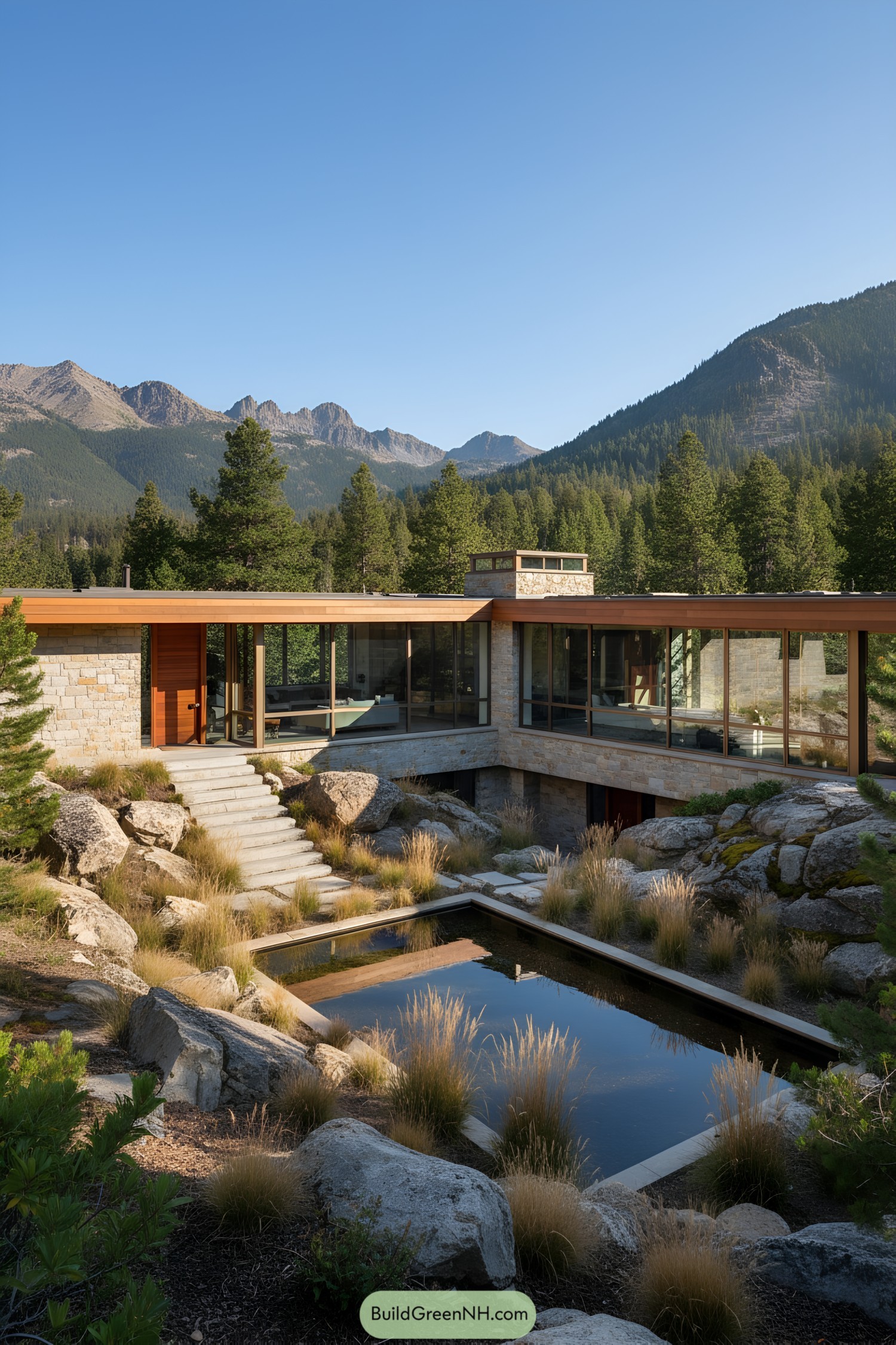 Modern U-shaped house on a hillside with glass walls and courtyard garden