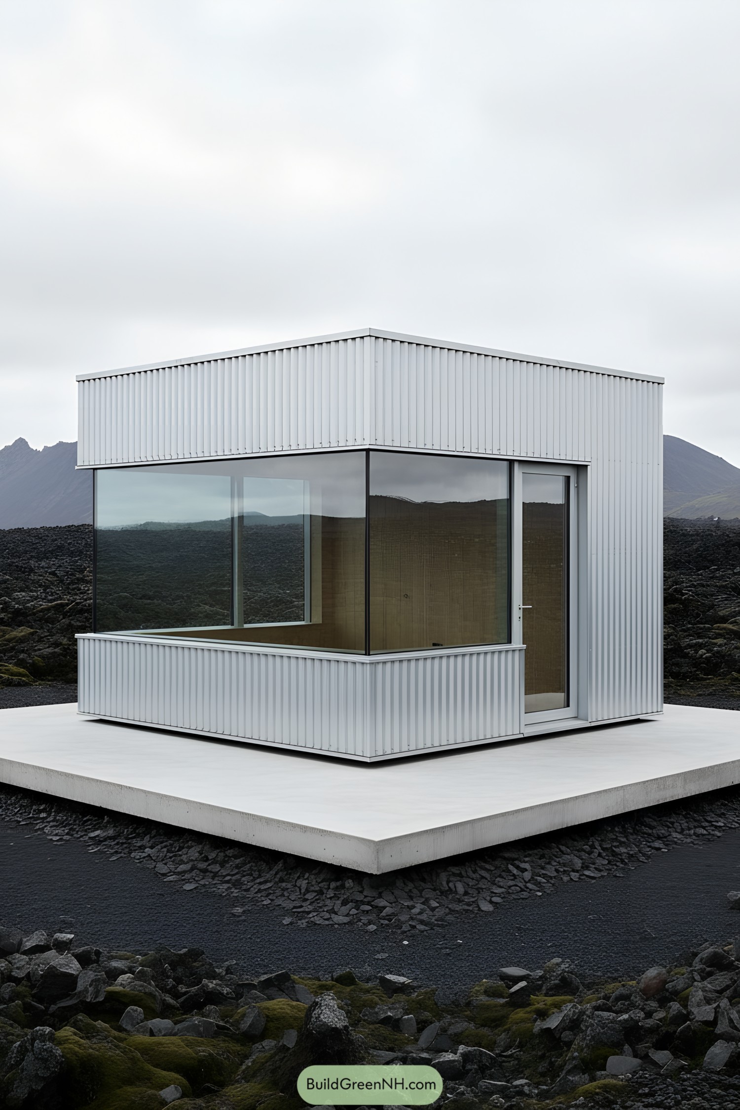 Sleek glass cube on a concrete platform in Iceland