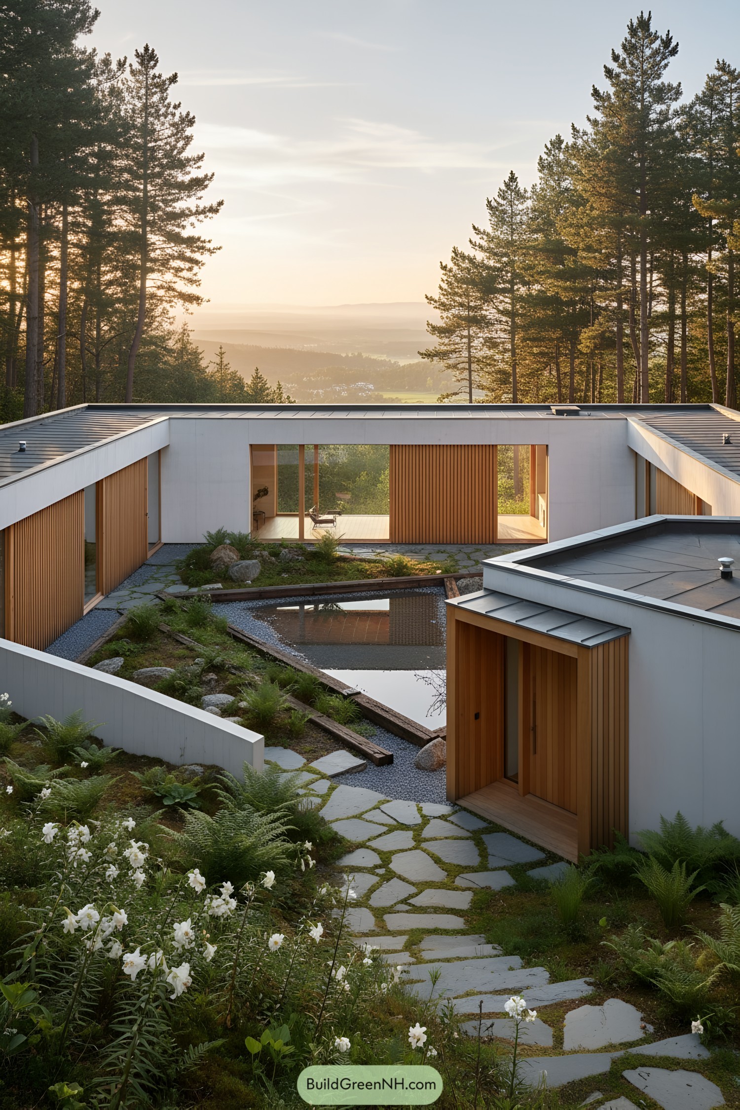 U-shaped house with courtyard nestled on a hillside