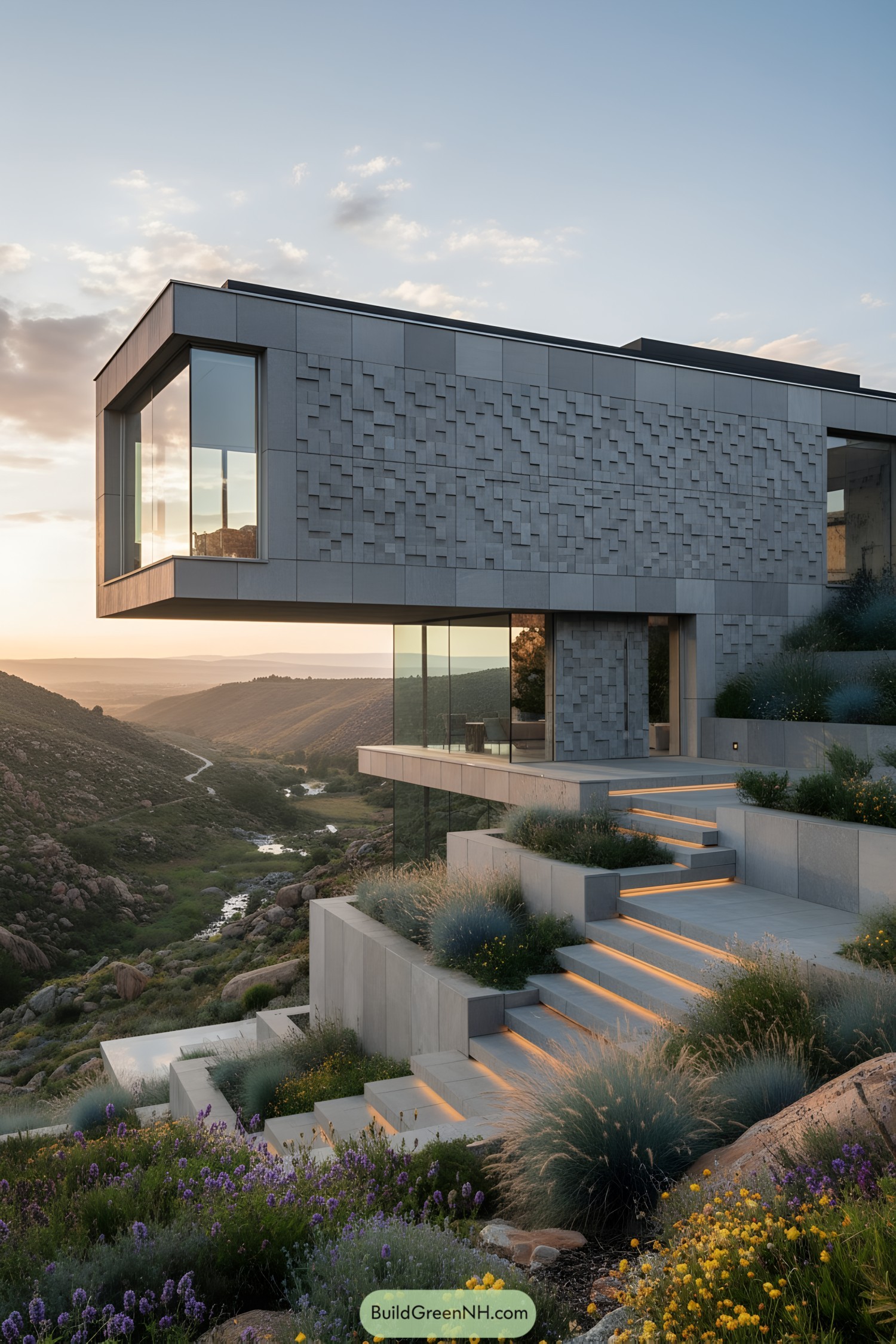 Modern building with a textured stone facade and panoramic views