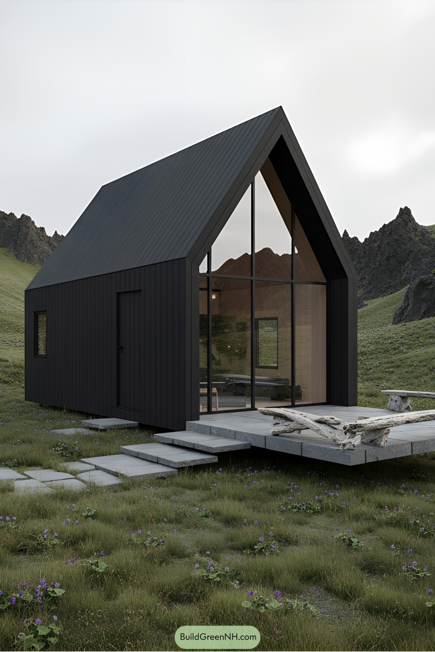 A-frame cabin with large glass front in green Icelandic landscape