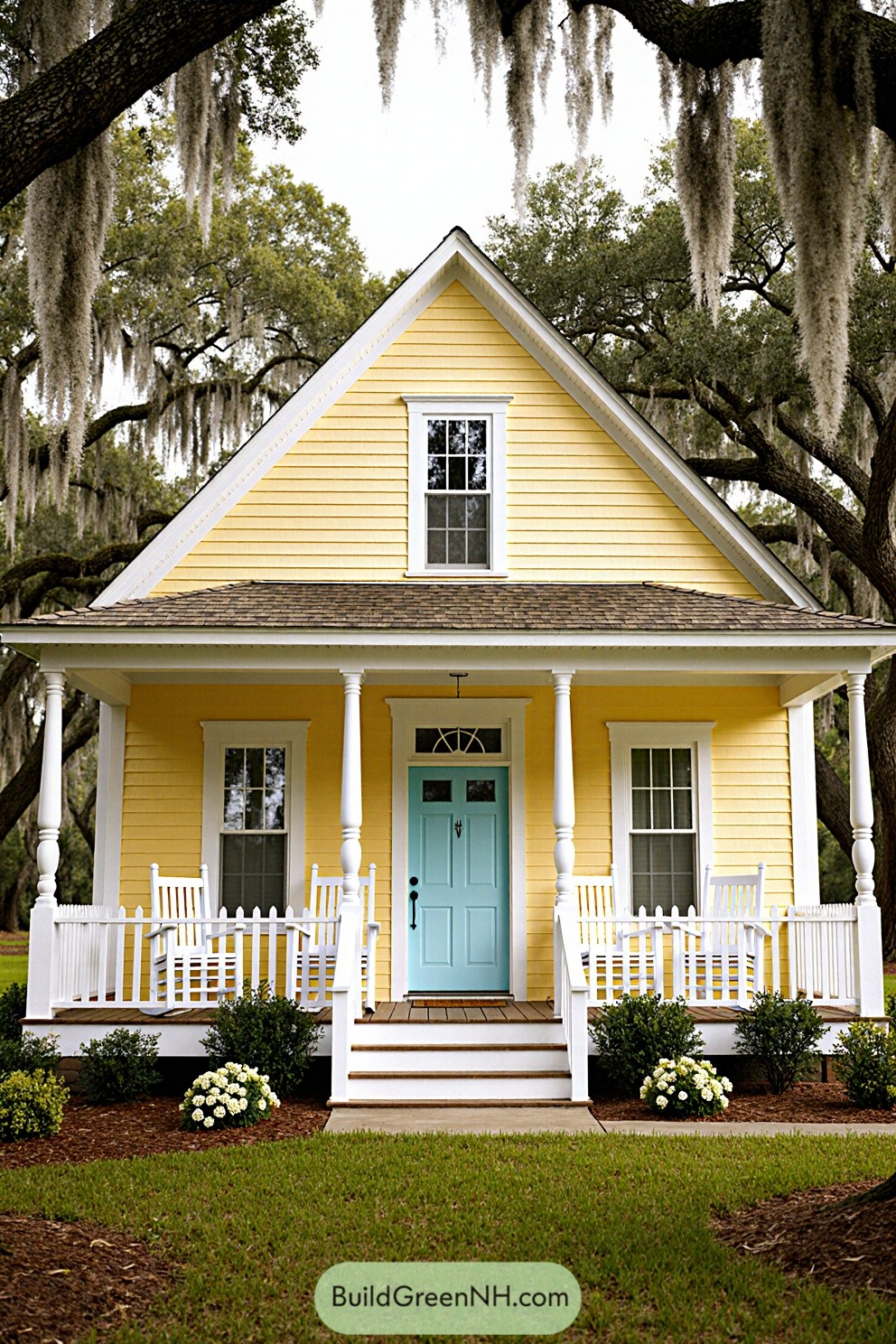 Charming yellow house with a light blue door and white porch