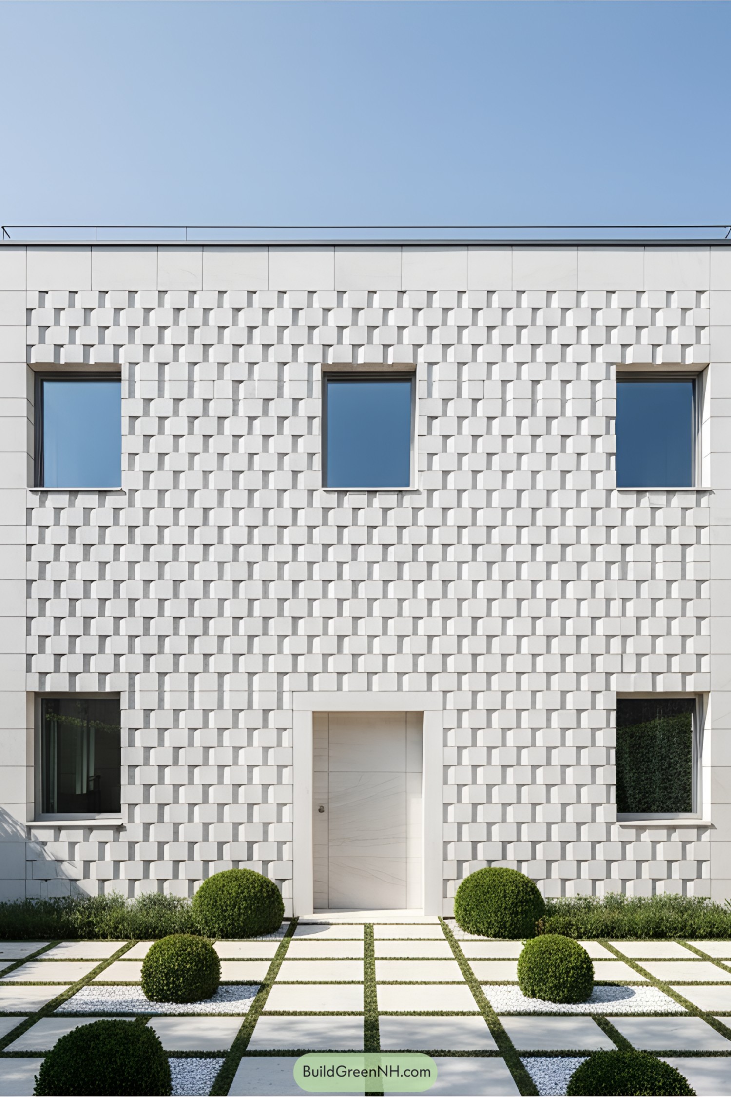 Modern building with textured stone facade and geometric garden