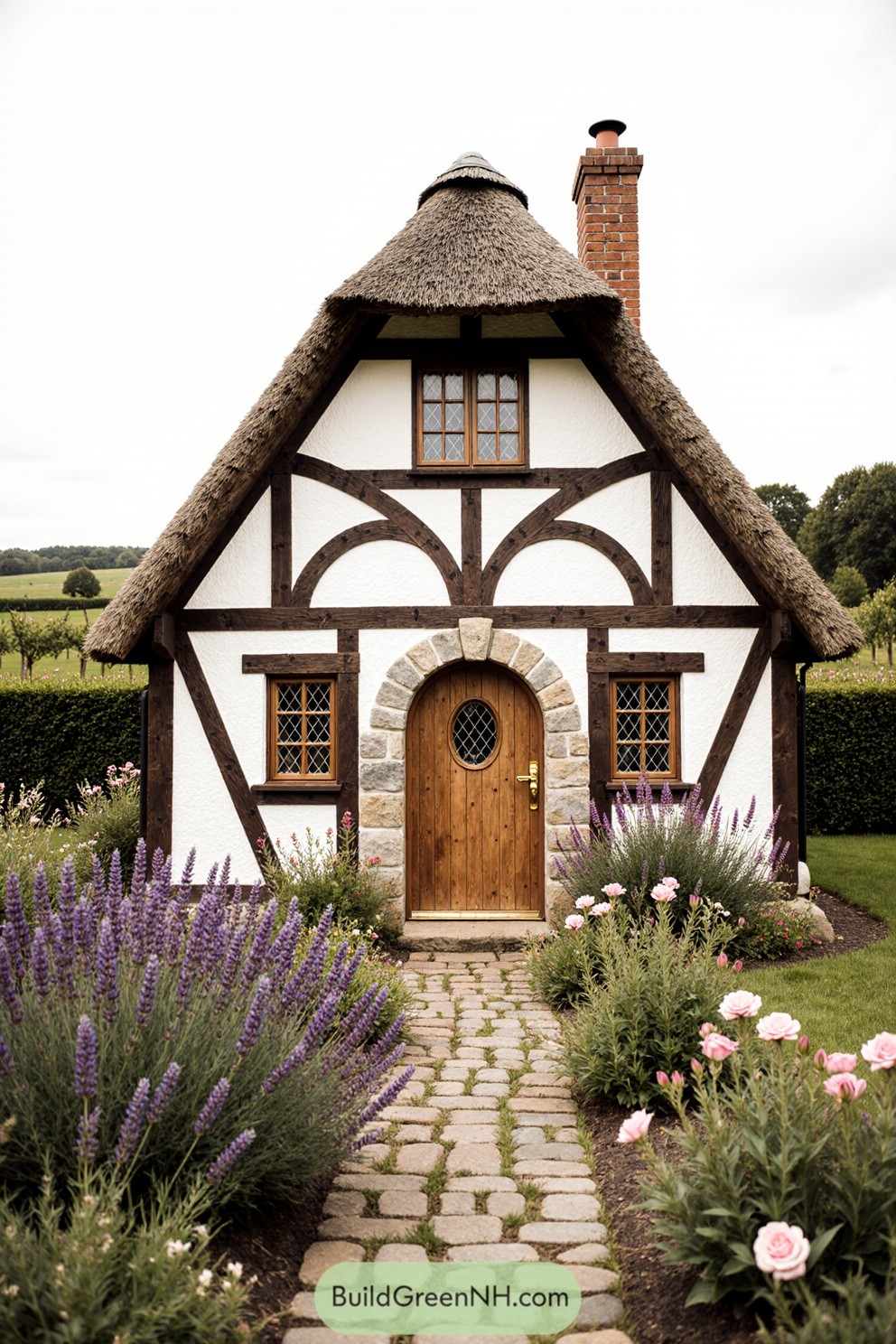 Small picturesque cottage with a thatched roof and wooden details