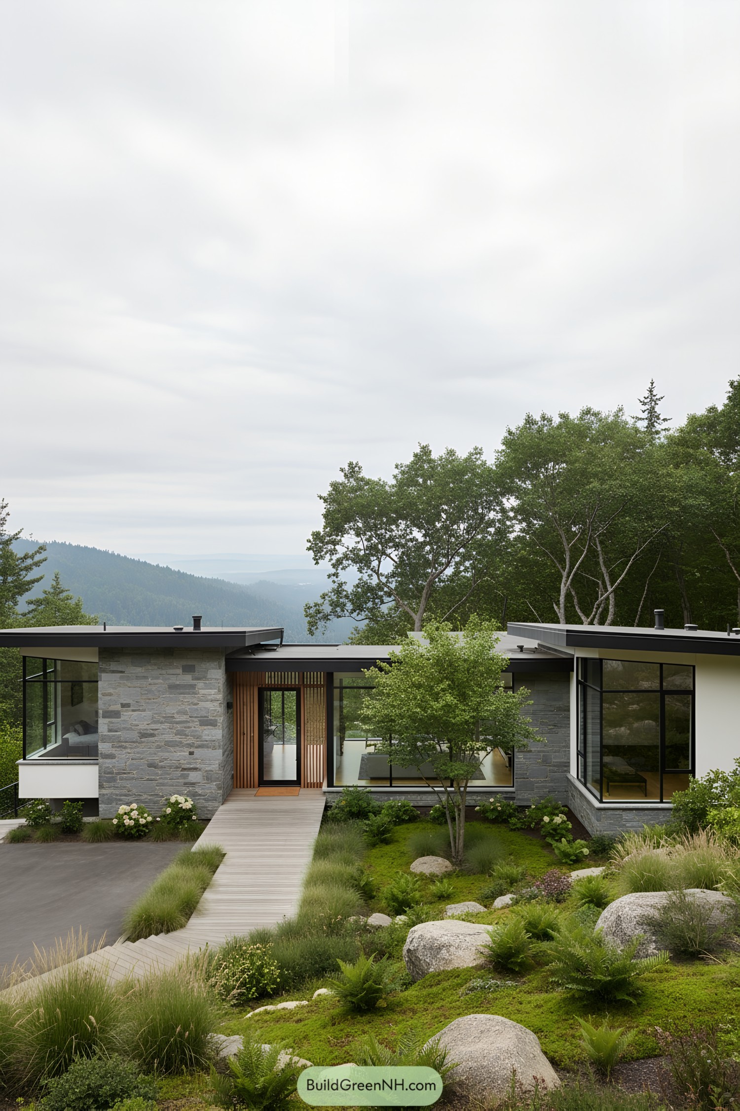 Modern house on a hillside with large windows and landscaped garden