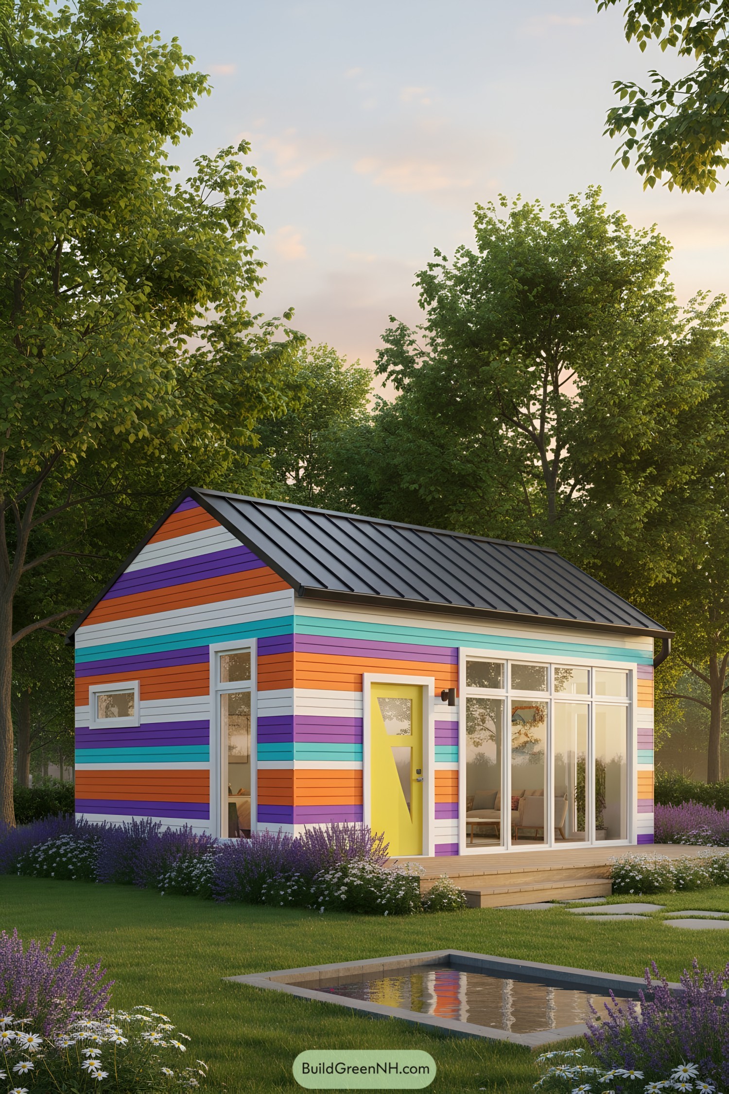 Cottage with vibrant, colorful slats surrounded by greenery