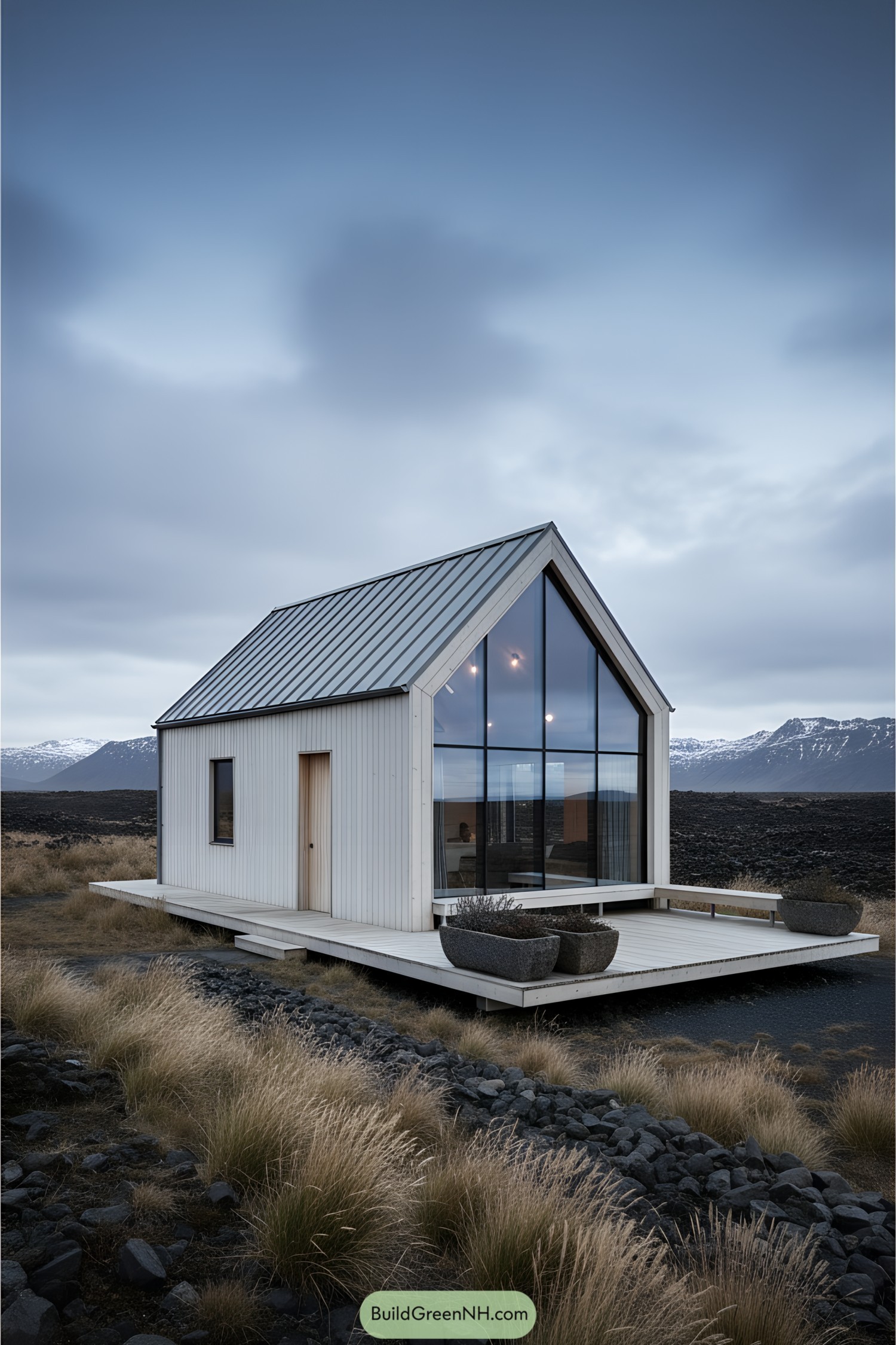 Modern cabin with large glass facade in Icelandic landscape