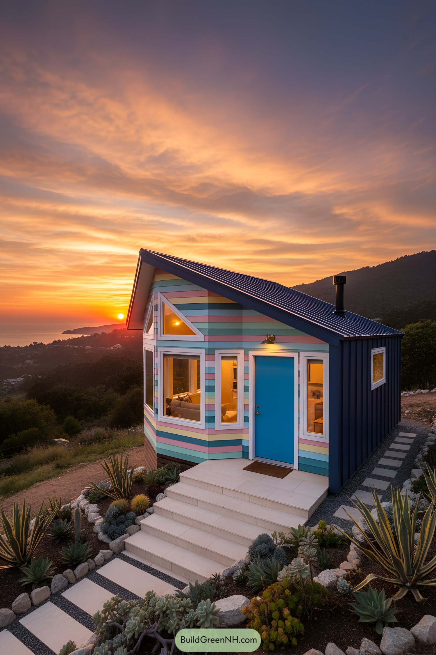 Cottage with multicolored slats against a sunset
