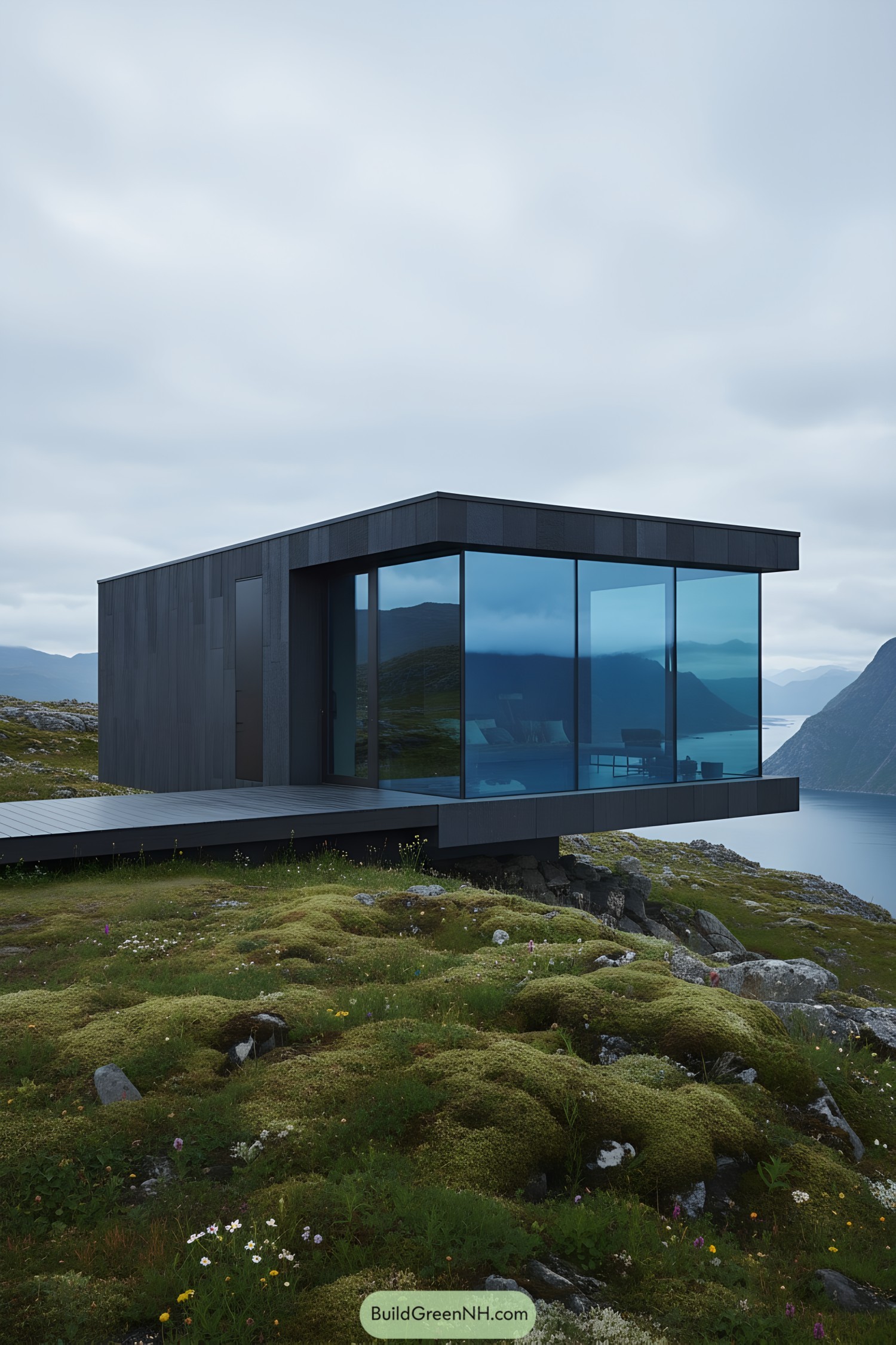 Modern cabin with panoramic windows overlooking Icelandic landscape