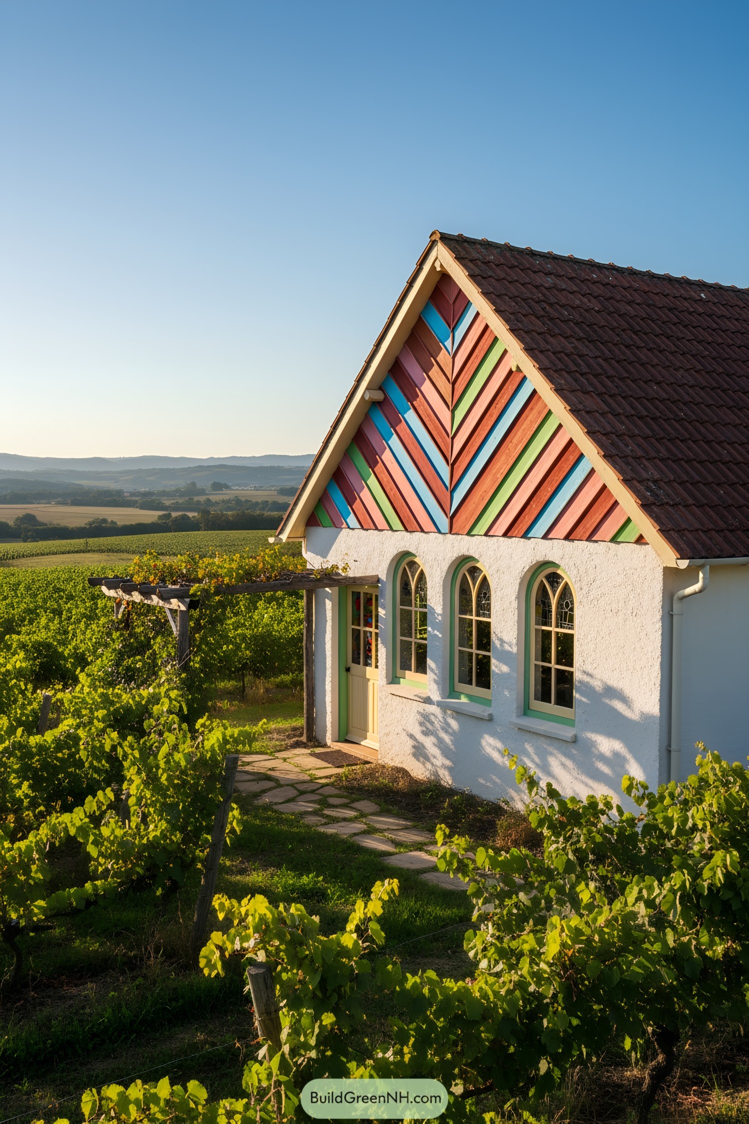 Cottage with colorful slats in a vineyard setting