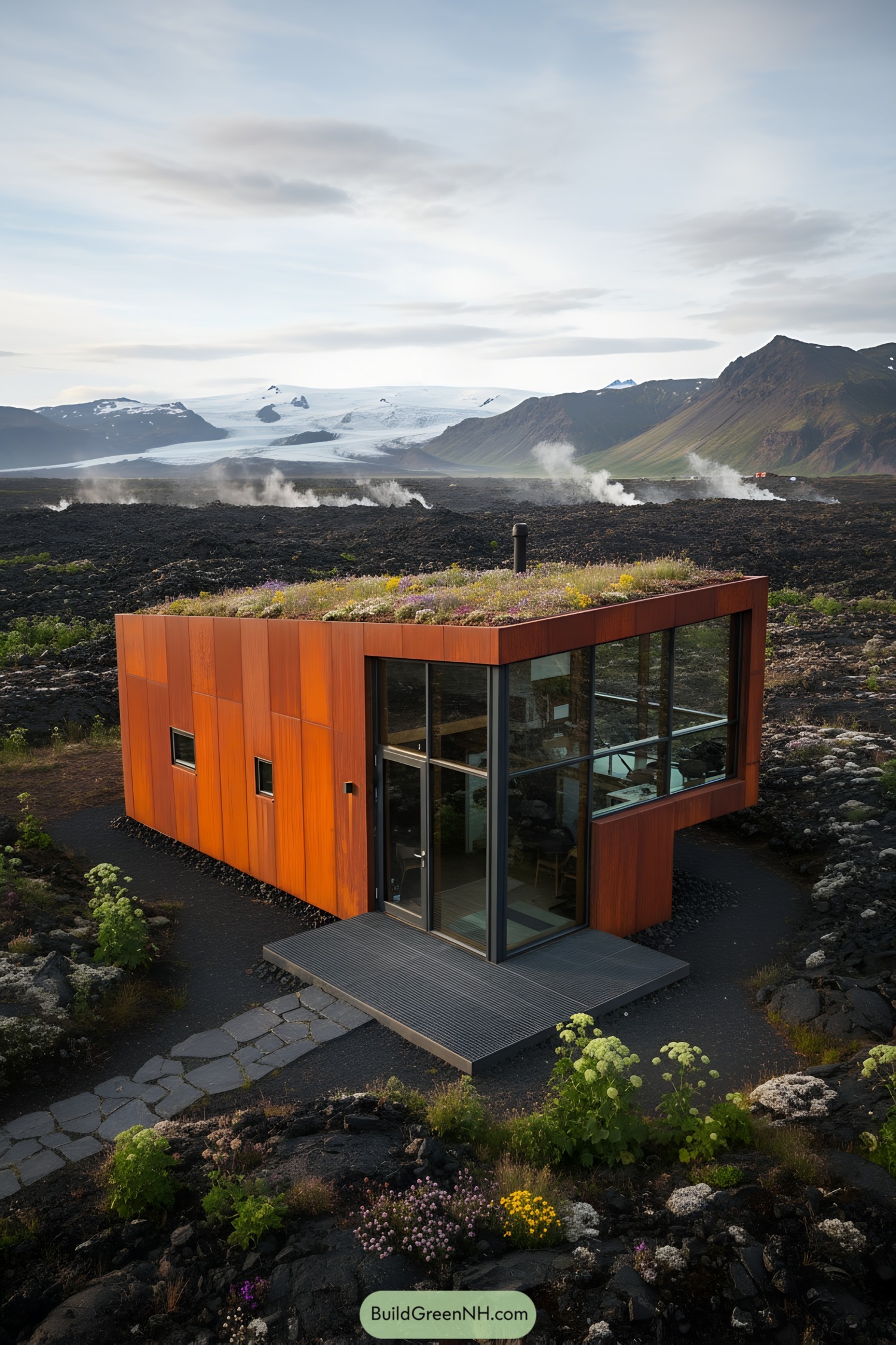 Modern cabin with glass walls set in rugged Icelandic landscape