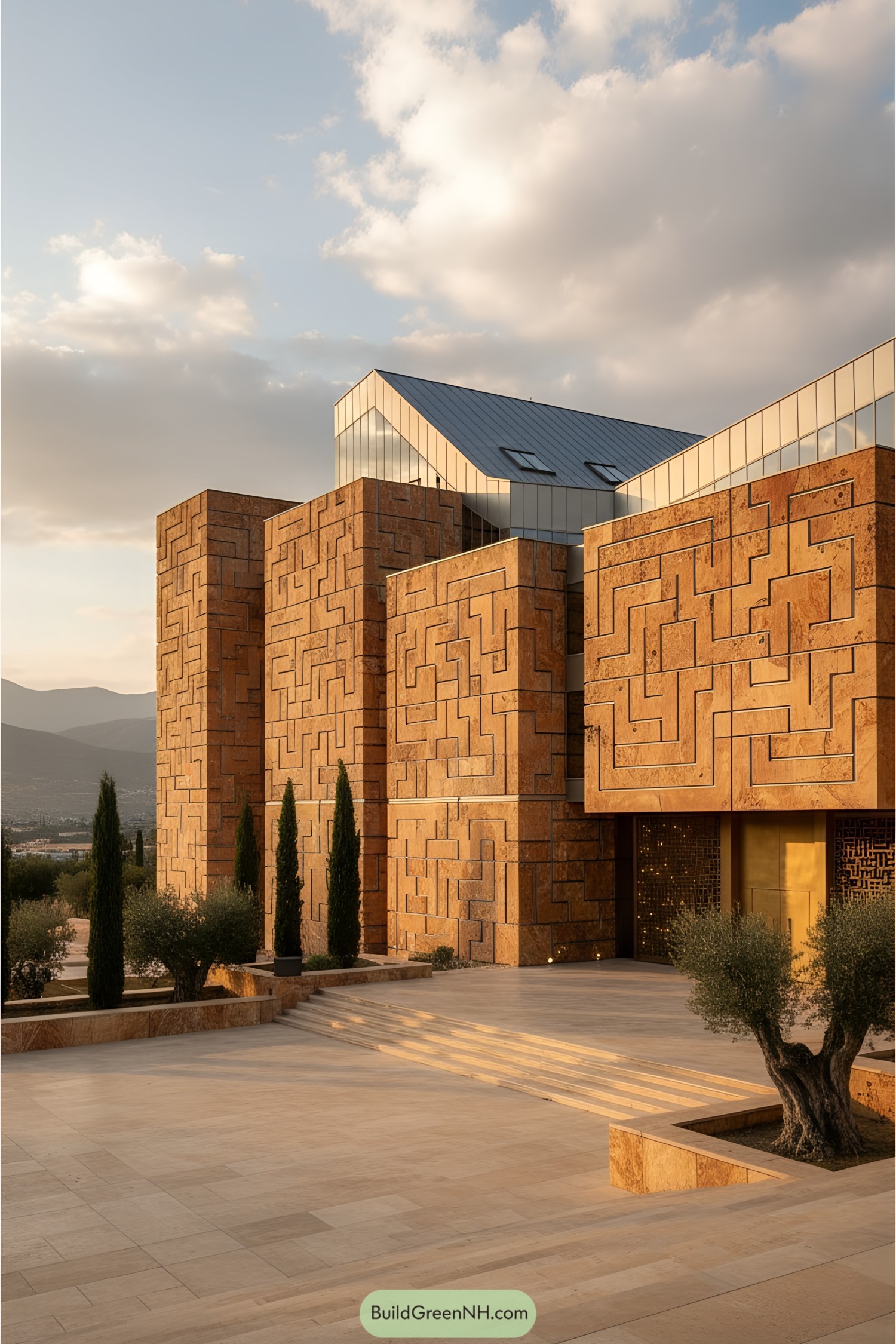 Modern building with intricately carved rock facade