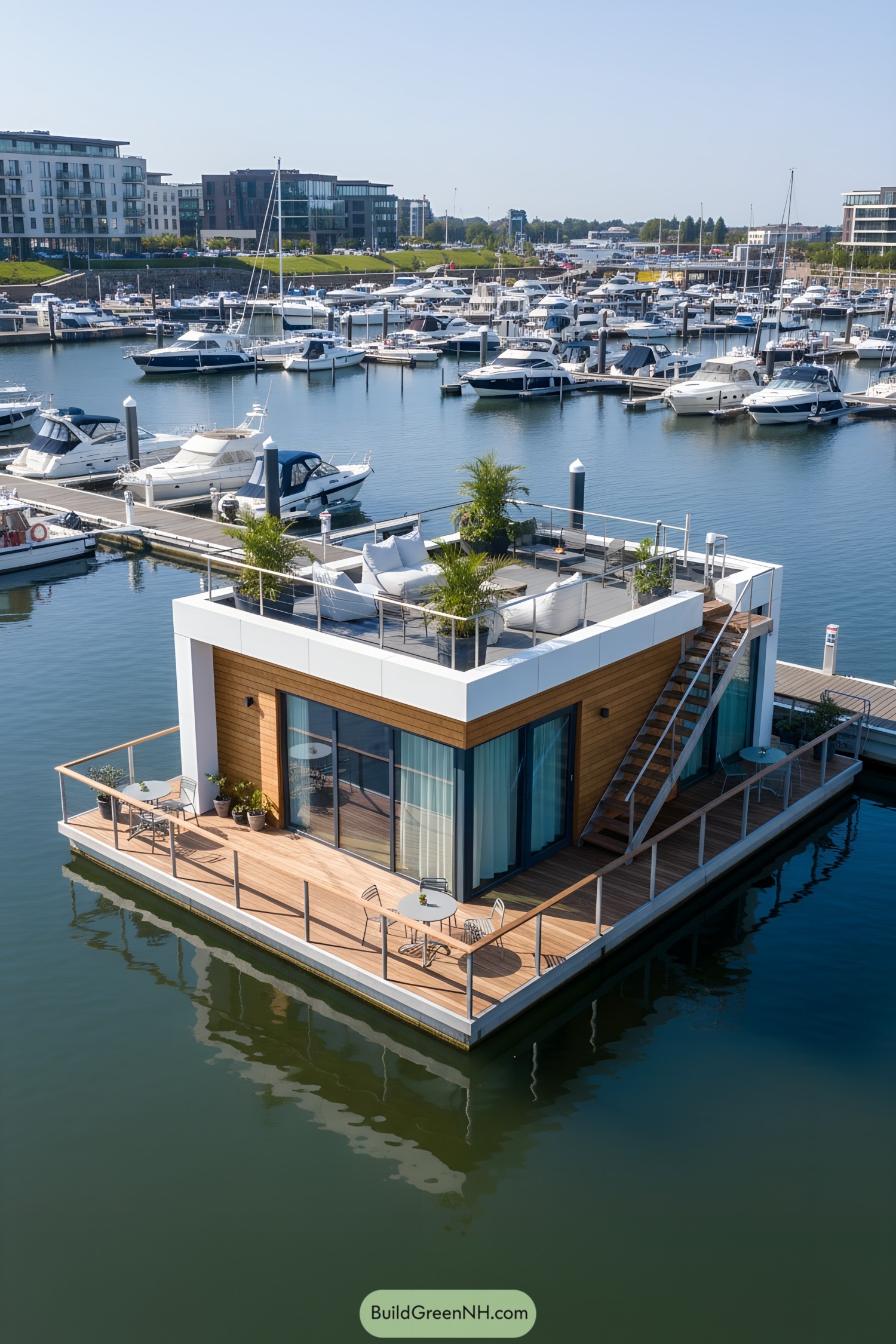 Floating house with rooftop seating in a marina