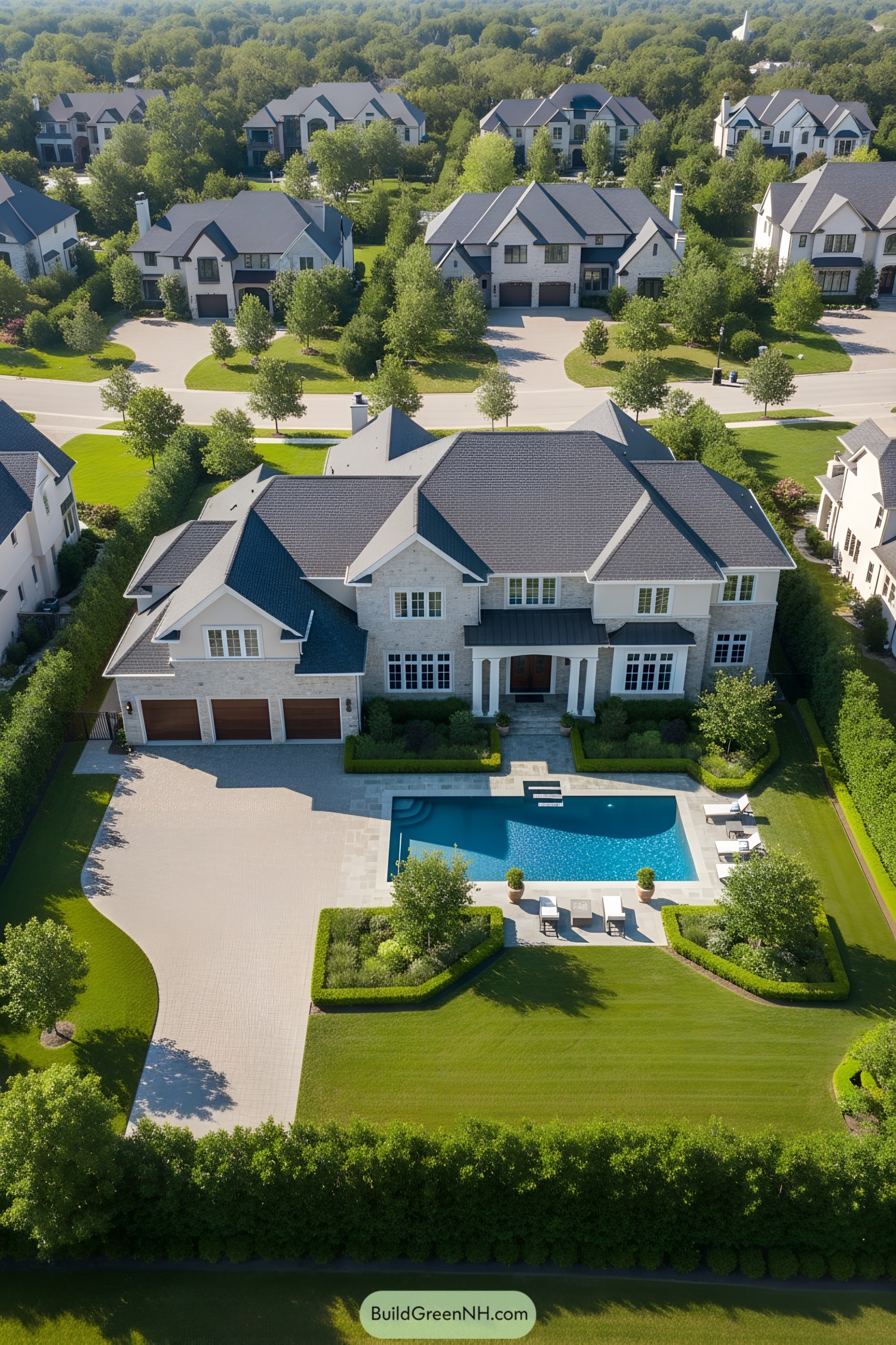 Elegant suburban home with a large pool and manicured lawn