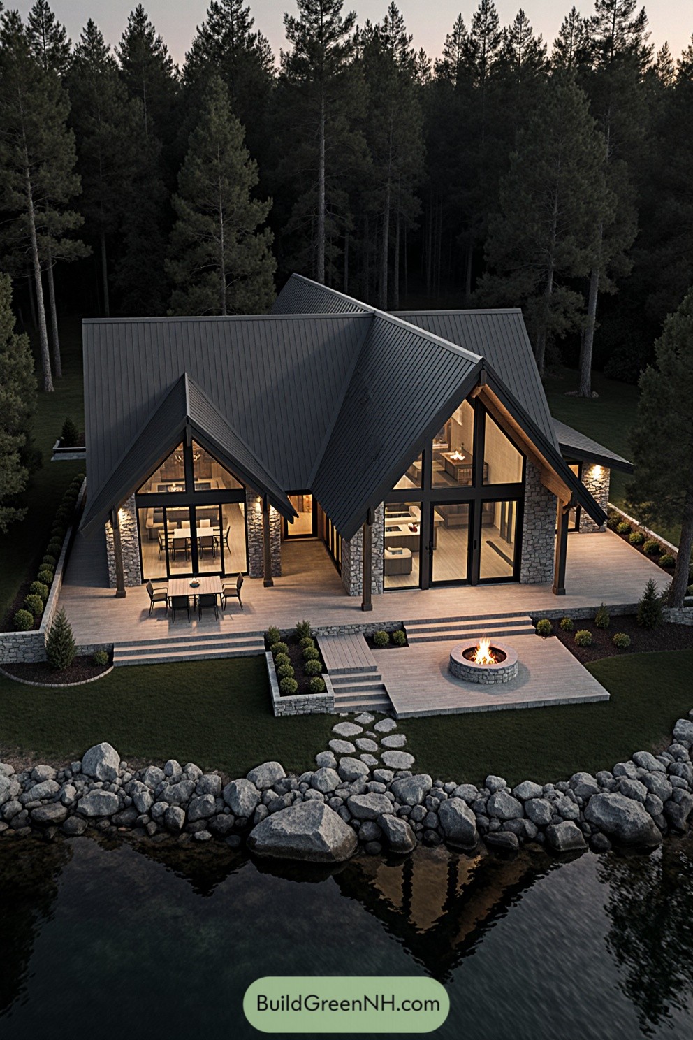 Modern cottage with large windows by a lakeside