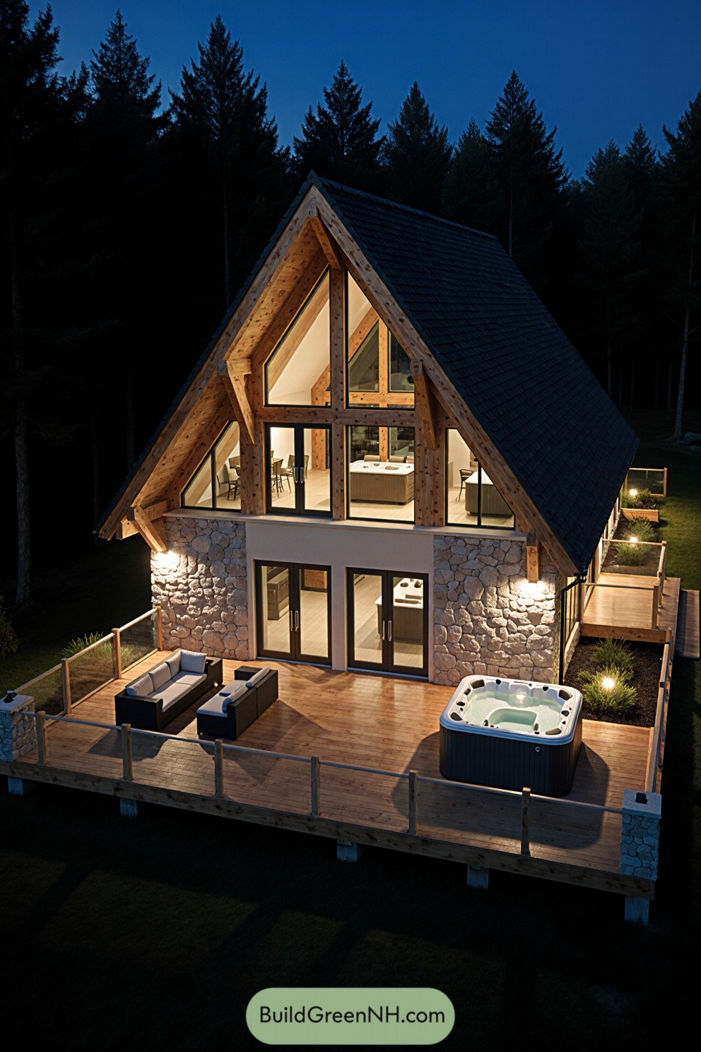 Night view of a cozy, modern cabin with large windows and a spacious deck