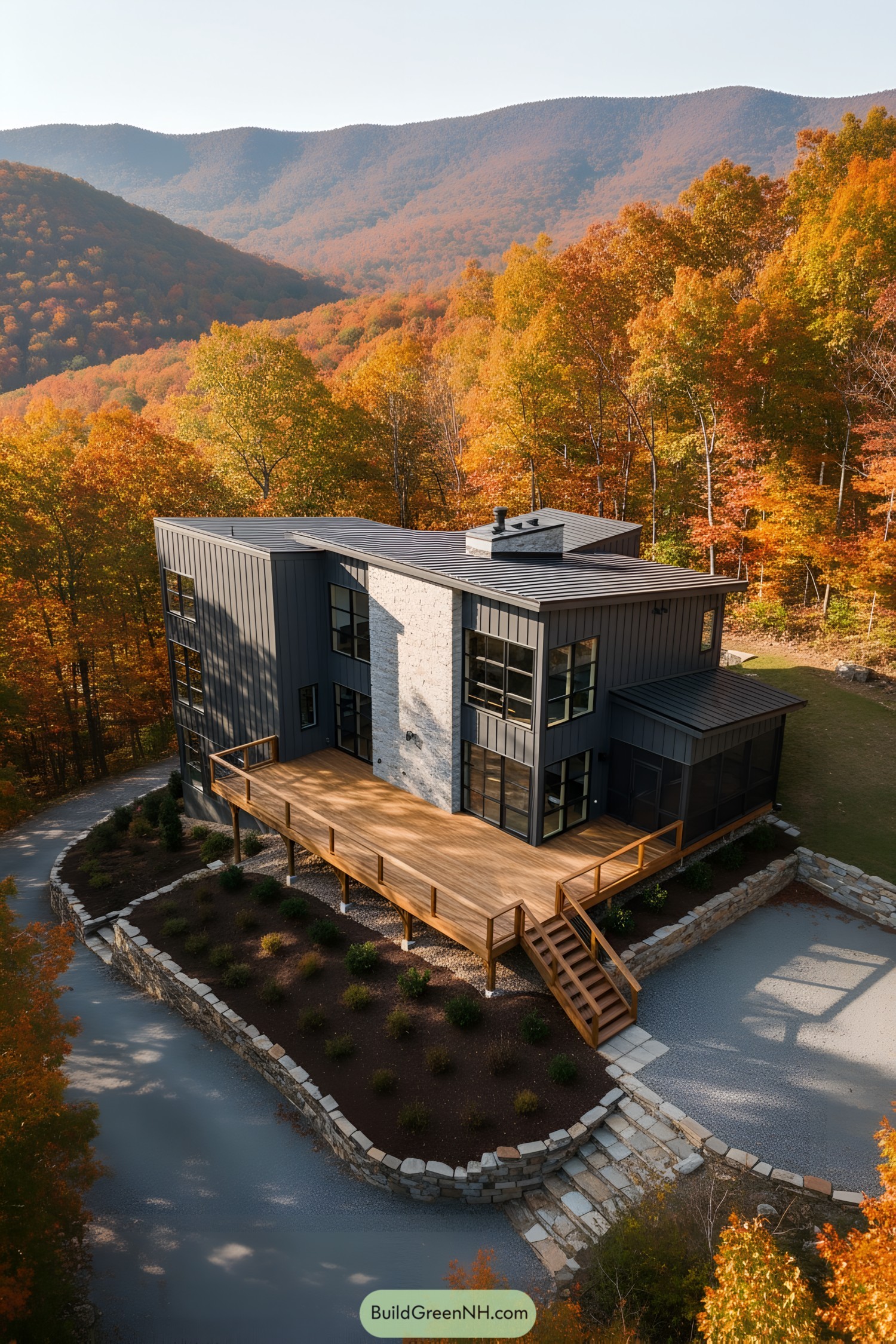 Contemporary house surrounded by vibrant autumn foliage