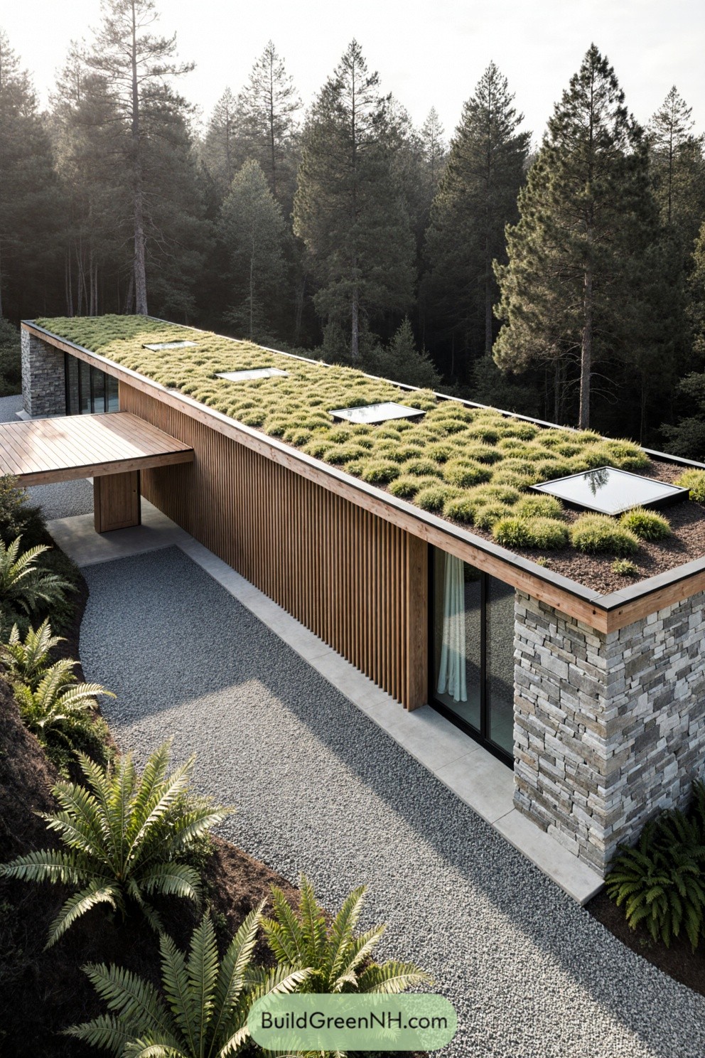 Modern house with timber cladding and green roof in the woods