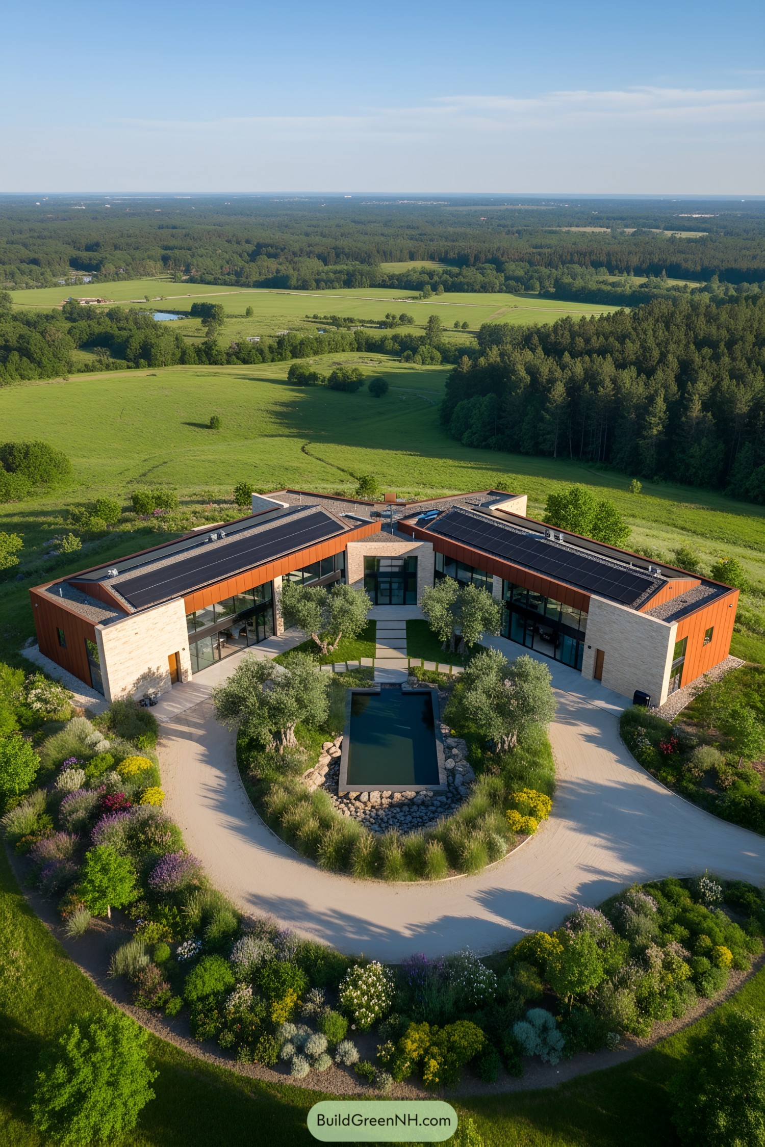 U-shaped modern house with courtyard on a hillside