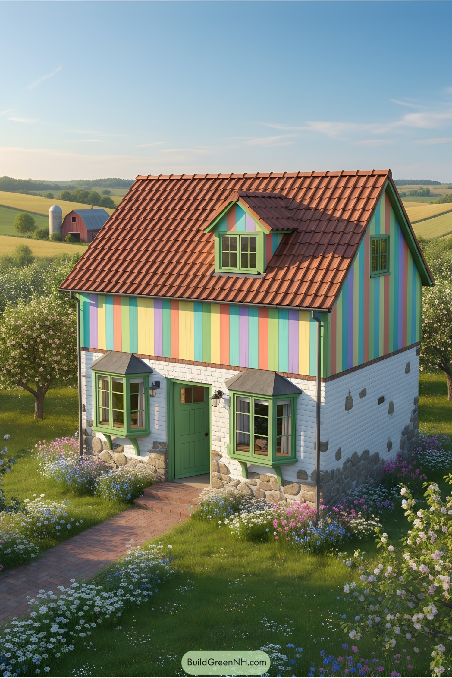 Quaint cottage with multicolored vertical slats