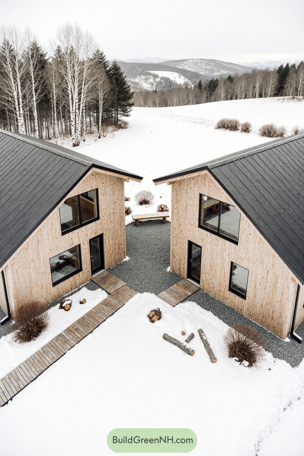 Wooden cabins with steep roofs in a snowy landscape