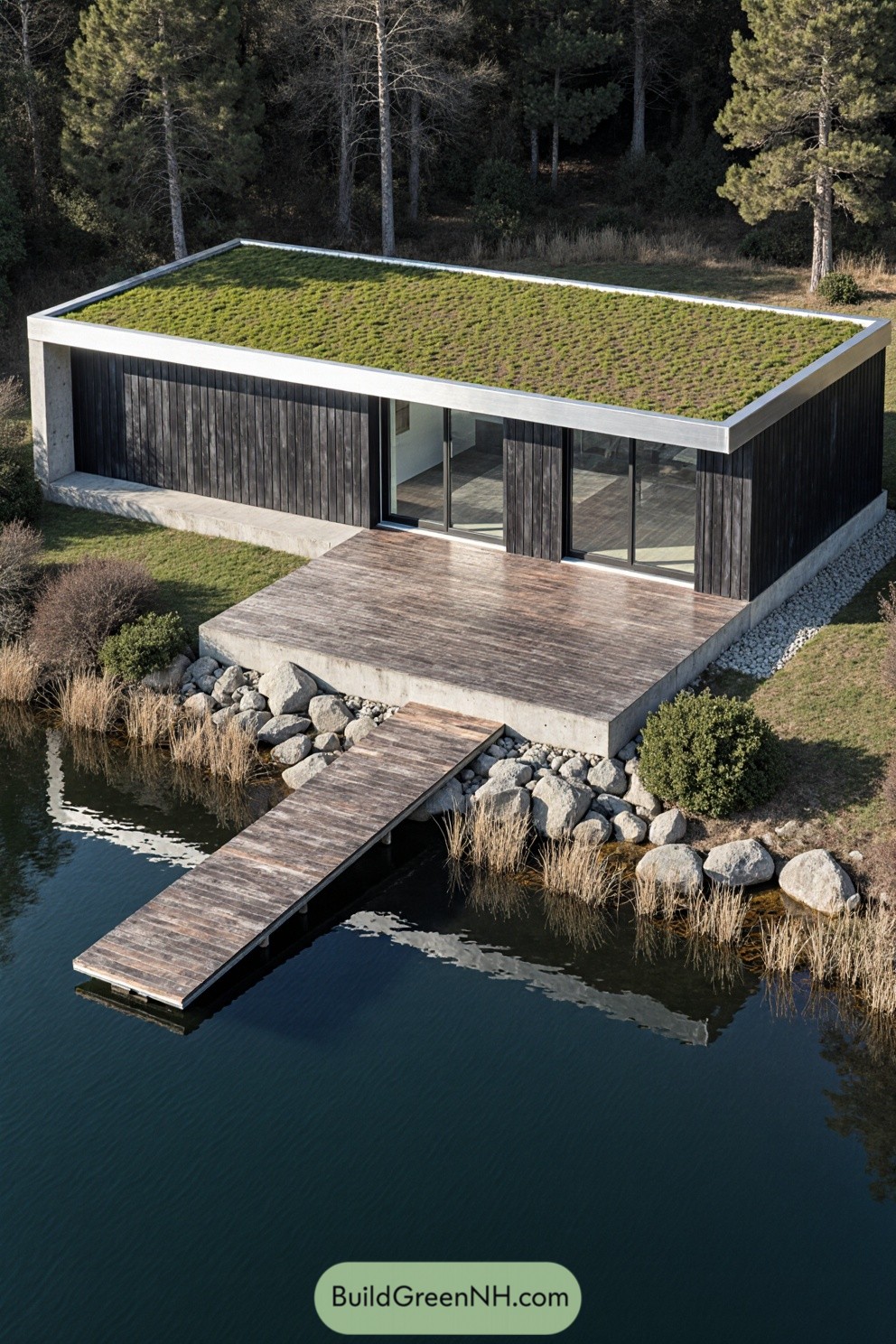 Modern cabin with green rooftop beside a serene lake