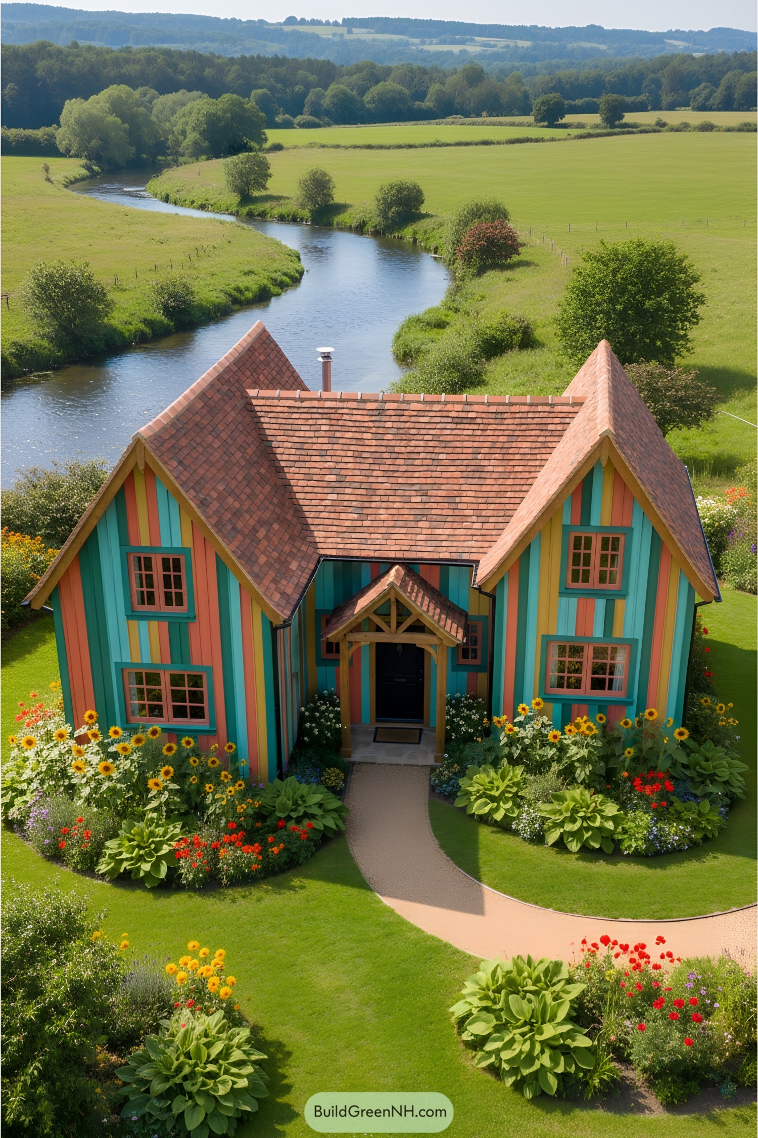 Brightly colored cottage with vertical slats